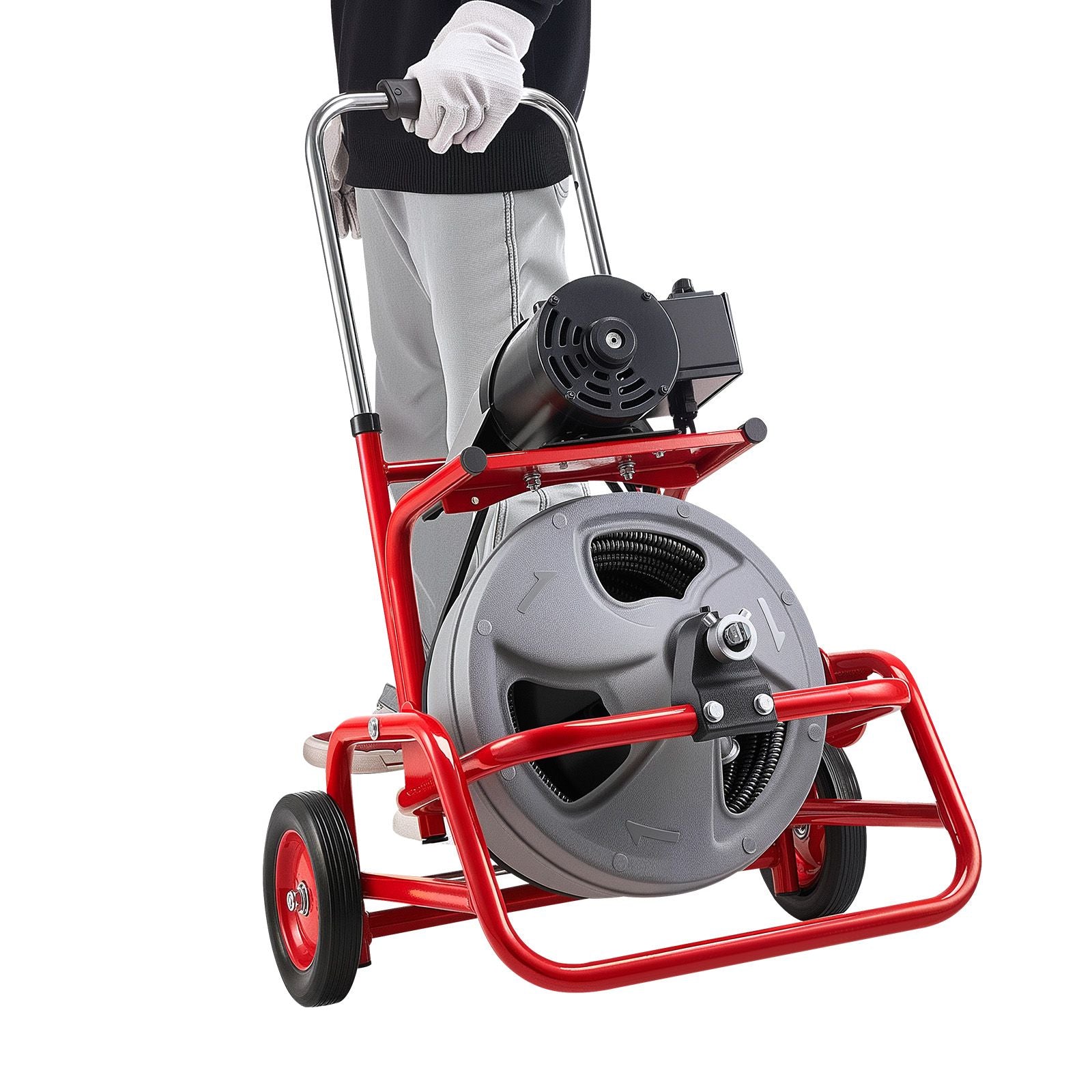 Drain Cleaner Machine 22m x 12.7mm, Sewer Snake Auger on Wheels, Manual Feed Drain Cleaning Machine with Adjustable Drum Angle, 6 Cutters & Air-activated Foot Switch for 50mm to 150mm Pipes