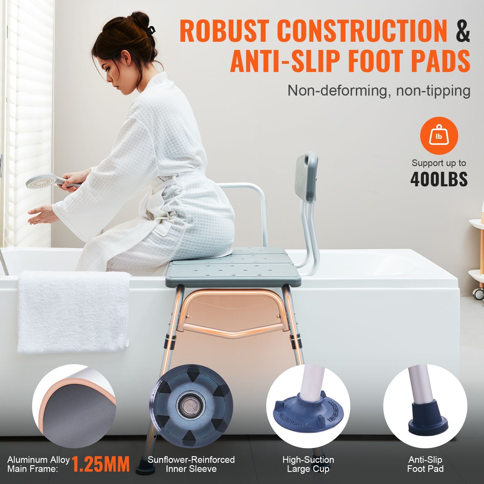 Bathtub Transfer Bench Shower Seat Adjustable Elderly Bath Chair 400lbs