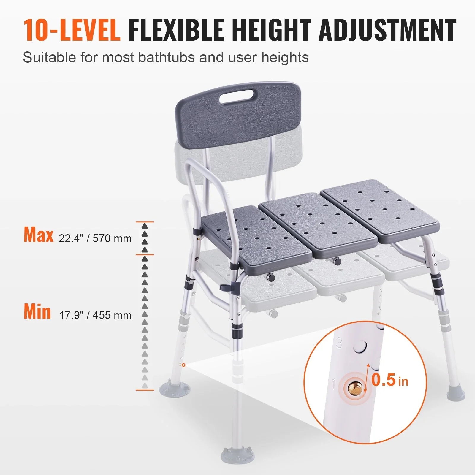 Tub Transfer Bench for Bathtub, Adjustable Shower Seats for Adults, Lightweight Shower Bench for Elderly and Disabled, Non-Slip Bath Seats with Armrest and Reversible Backrest, 400lbs Capacity