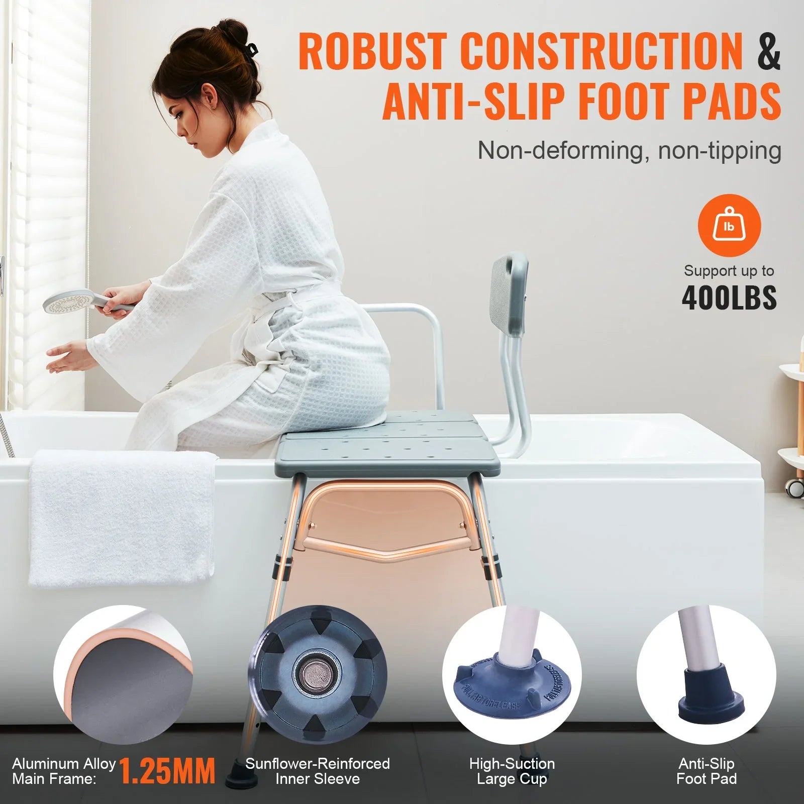 Tub Transfer Bench for Bathtub, Adjustable Shower Seats for Adults, Lightweight Shower Bench for Elderly and Disabled, Non-Slip Bath Seats with Armrest and Reversible Backrest, 400lbs Capacity