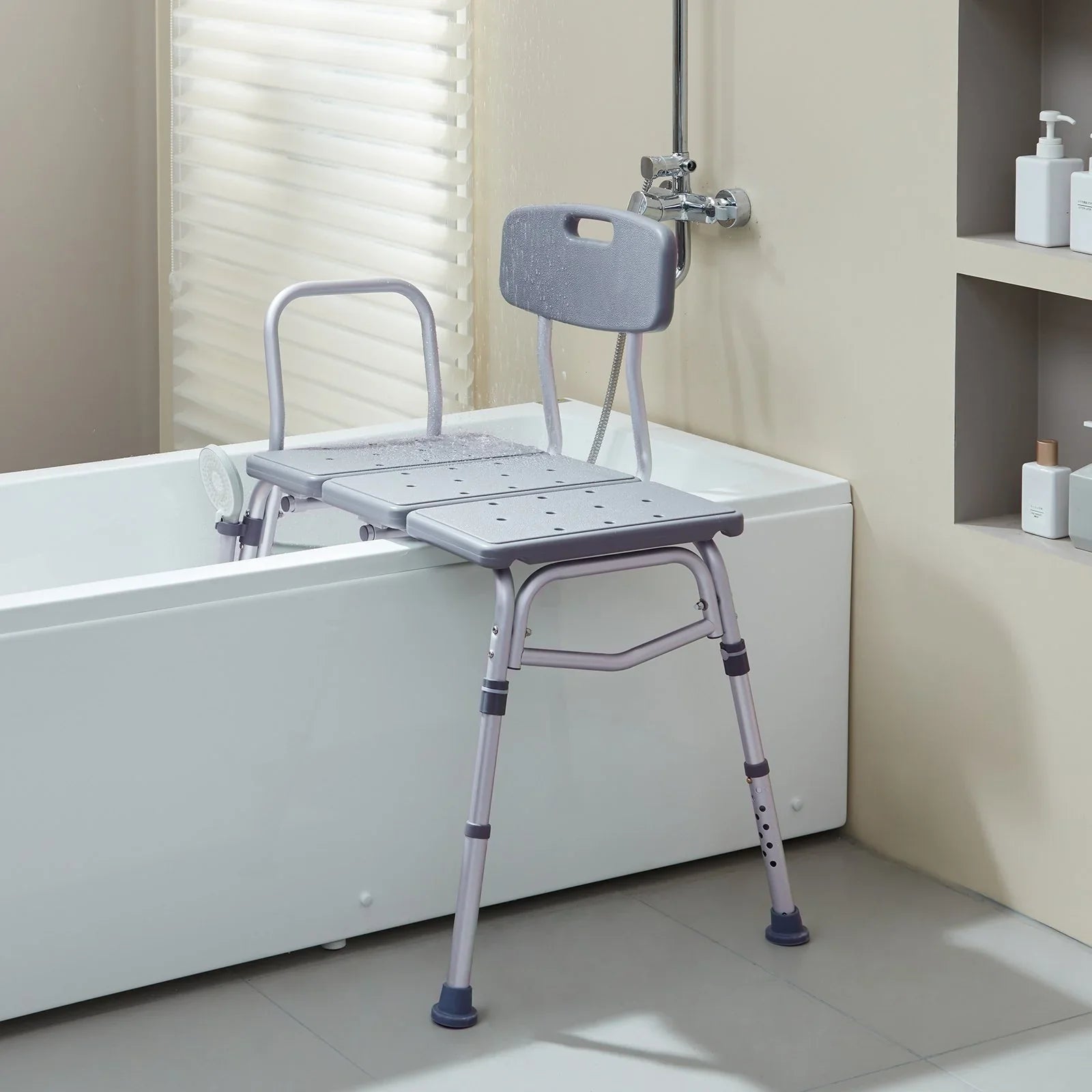 Tub Transfer Bench for Bathtub, Adjustable Shower Seats for Adults, Lightweight Shower Bench for Elderly and Disabled, Non-Slip Bath Seats with Armrest and Reversible Backrest, 400lbs Capacity