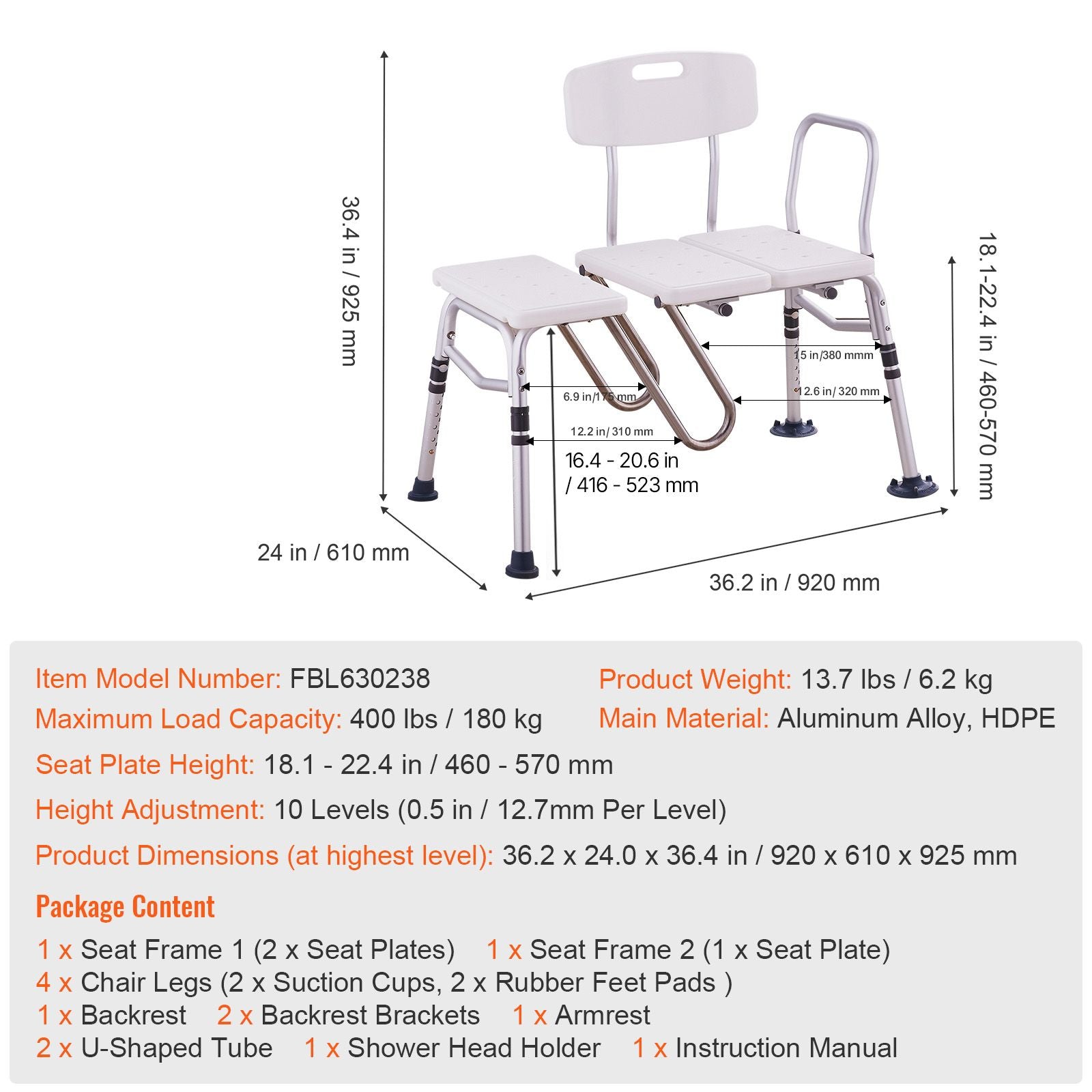 Tub Transfer Bench Bathtub Shower Seat for Senior Height Adjustable 400LBS