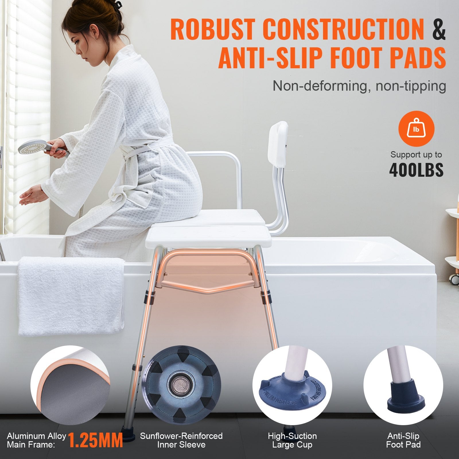 Tub Transfer Bench Bathtub Shower Seat for Senior Height Adjustable 400LBS