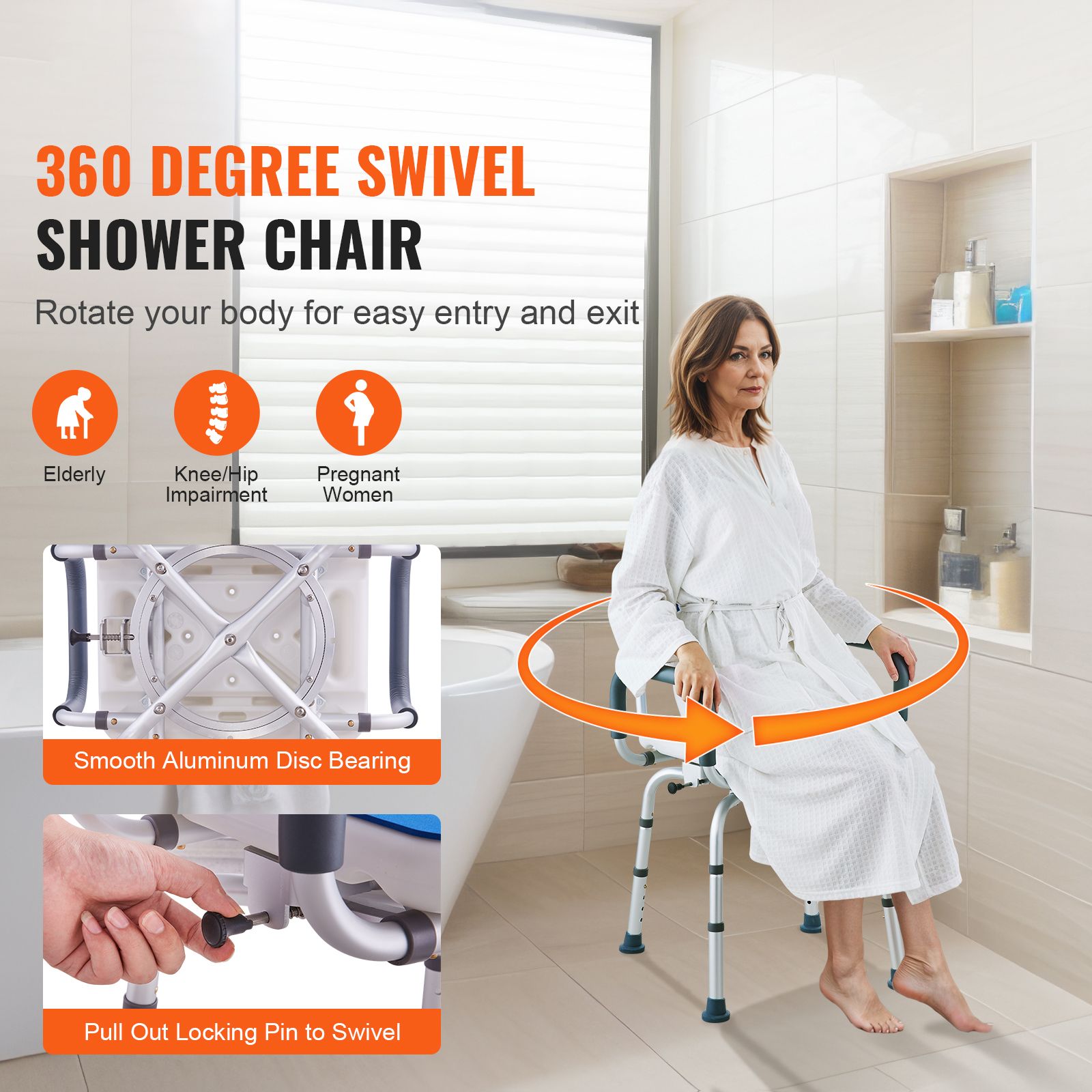 360° Swivel Shower Chair 400lbs Adjustable Bath Seat with Backrest