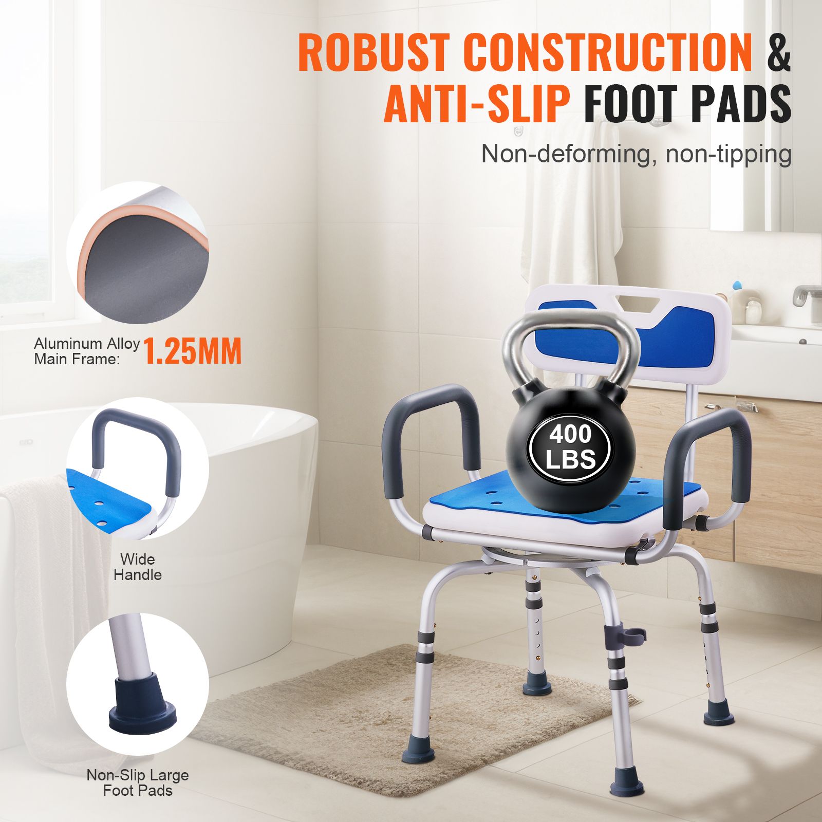 360° Swivel Shower Chair 400lbs Adjustable Bath Seat with Backrest