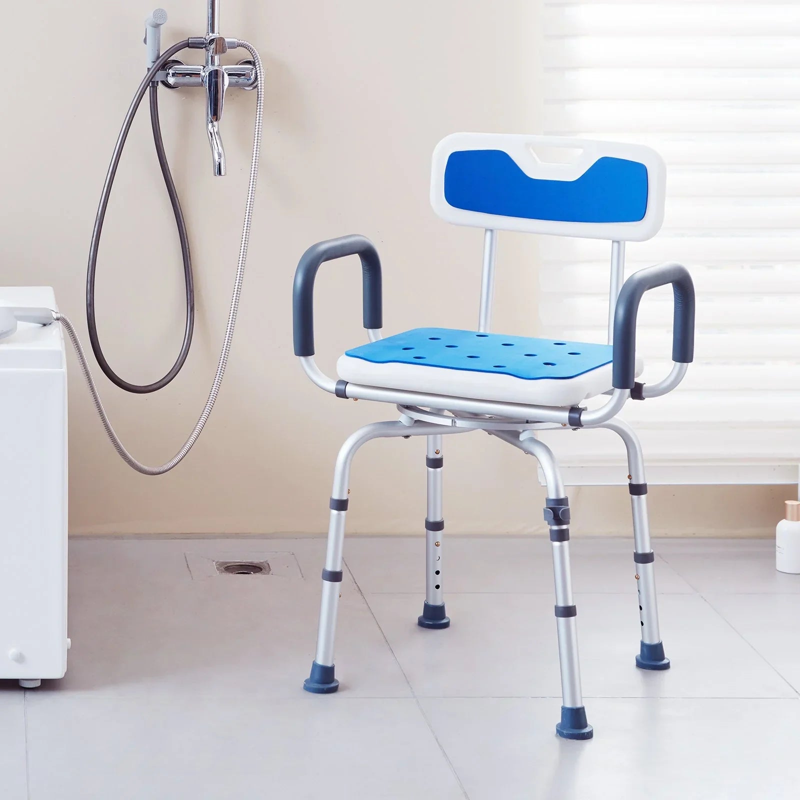 Swivel Shower Chair 360 Degree, Adjustable Shower Seat with Armrests and Backrest for Inside Shower or Bathtub, Non-Slip Rotating Bathtub Chair Seat for Elderly Disabled Injured, 400lbs Capacity