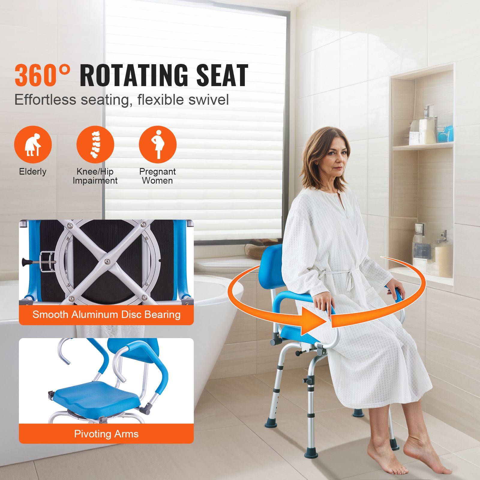 360° Swivel Shower Chair Adjustable Bath Seat for Elderly Disabled 300lbs