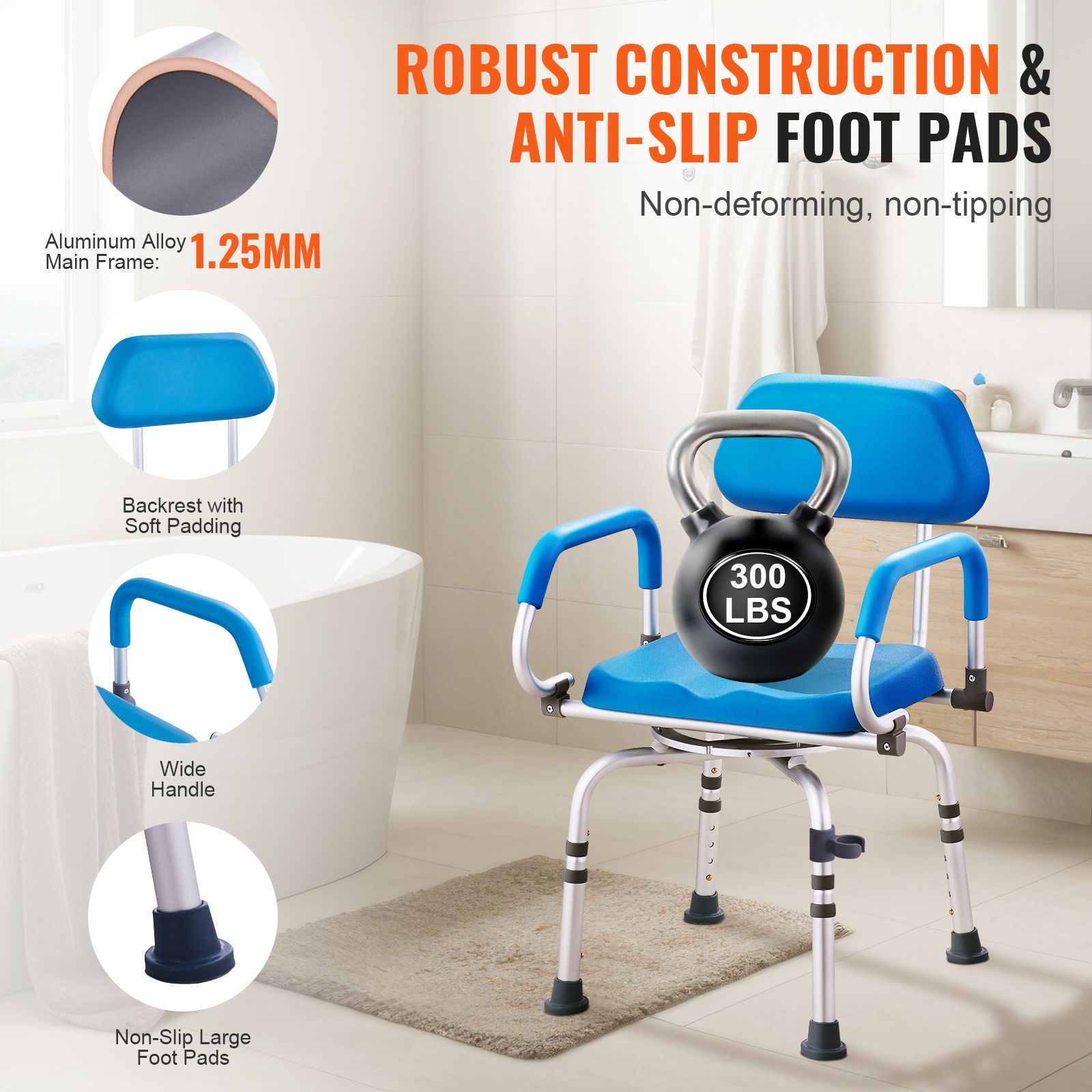 360° Swivel Shower Chair Adjustable Bath Seat for Elderly Disabled 300lbs