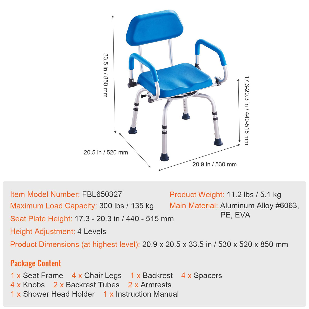 360° Swivel Shower Chair Adjustable Bath Seat for Elderly Disabled 300lbs