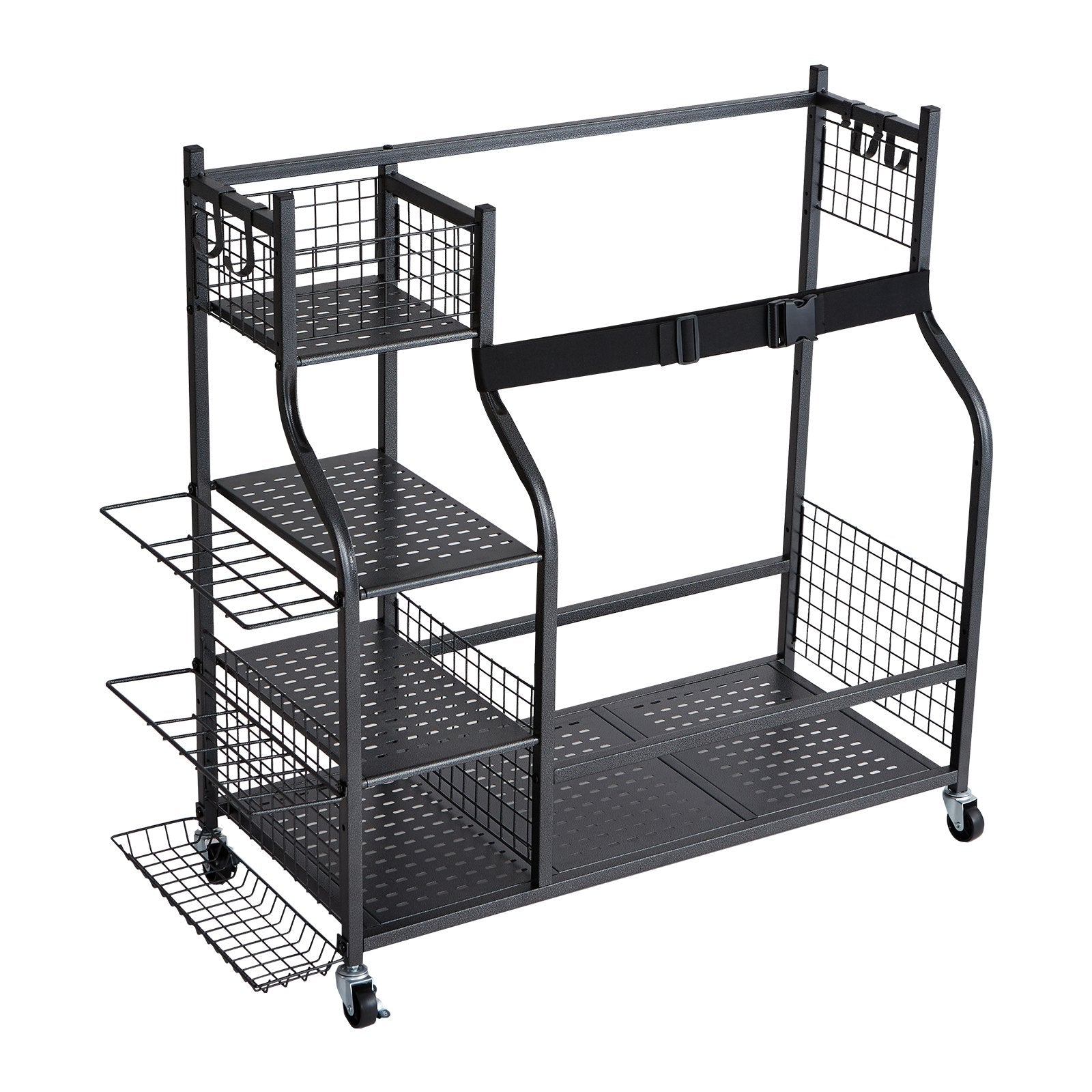 Golf Storage Garage Organizer, 2 Golf Bag Stand Holder and Other Sports Equipment Storage Rack, Rolling Ball Cart on Wheels, Outdoor Sport Gear and Toy Storage with Baskets & Hooks, Steel, Black