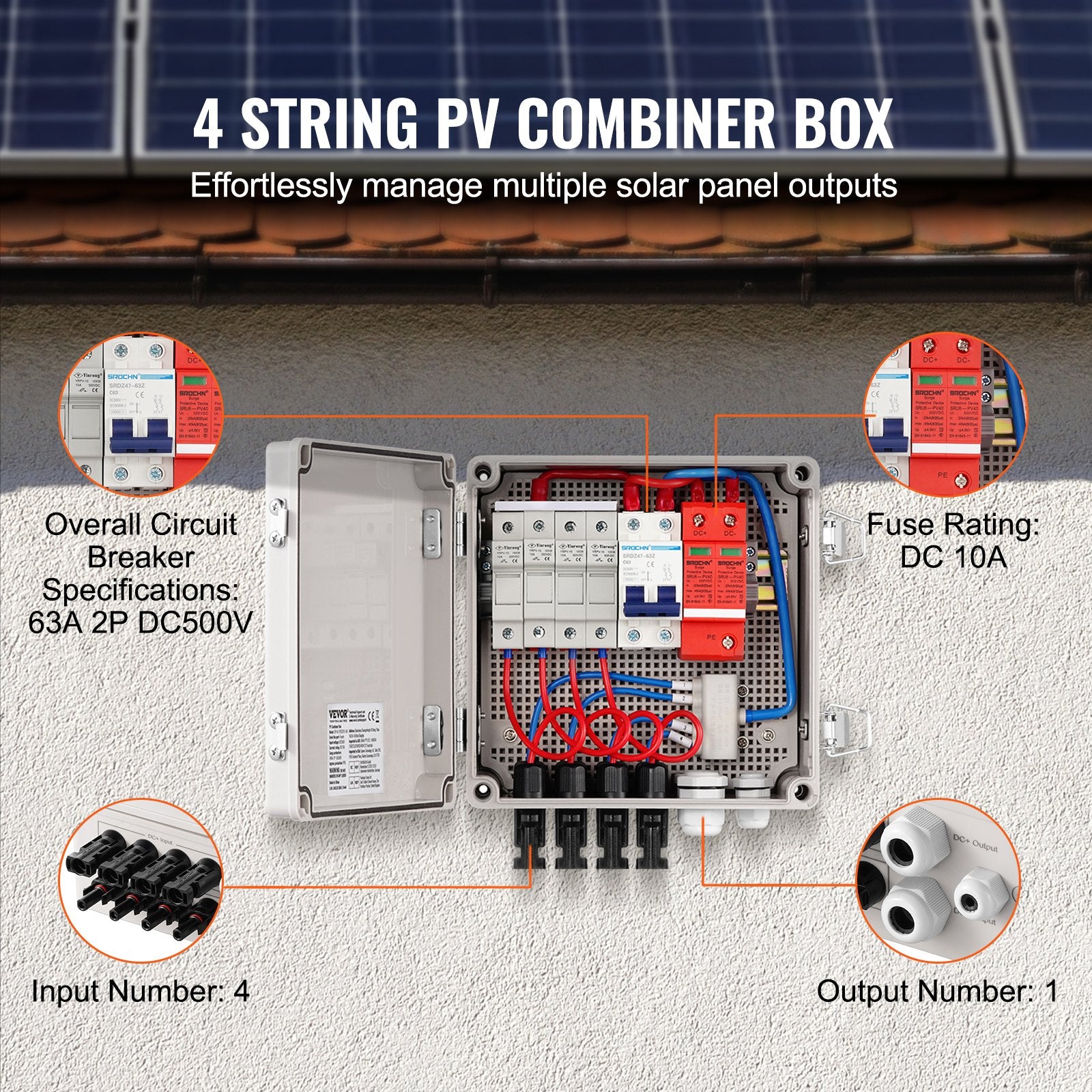 Solar PV Combiner Box 4 String 10A for Solar Panel System ABS Case IP65