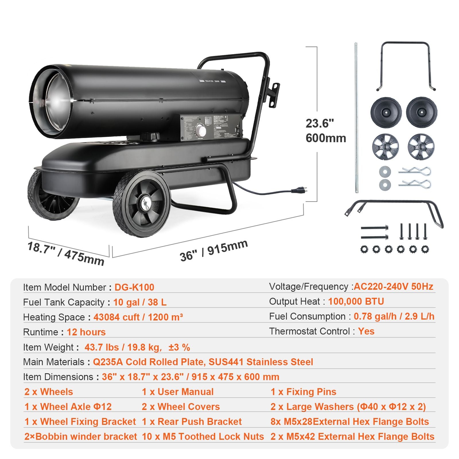 Forced Air Heater – 100,000 BTU Kerosene/Diesel, Thermostat, Torpedo Heater