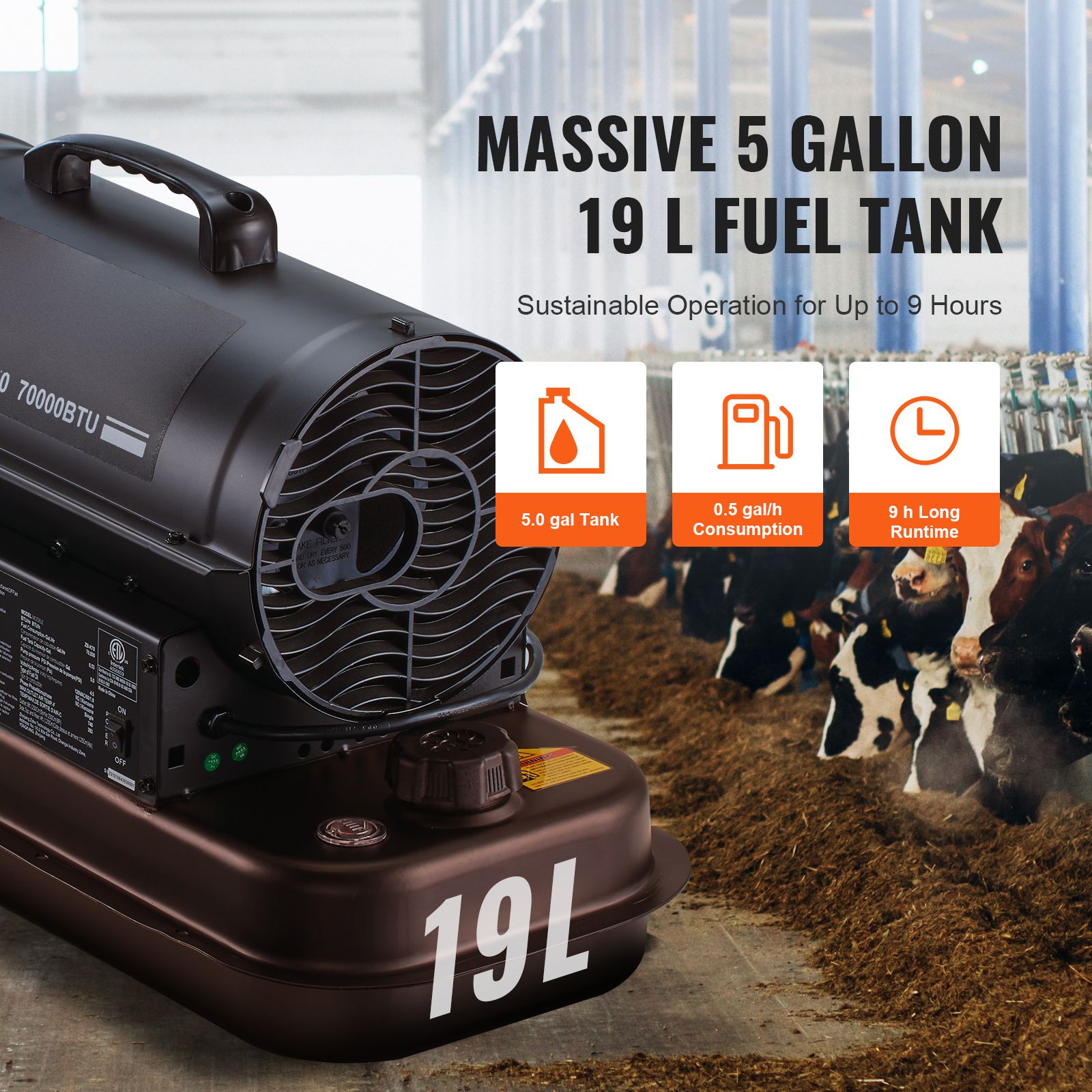 Forced Air Heater – 70,000 BTU Kerosene/Diesel, Thermostat, Portable 5‑Gal Tank