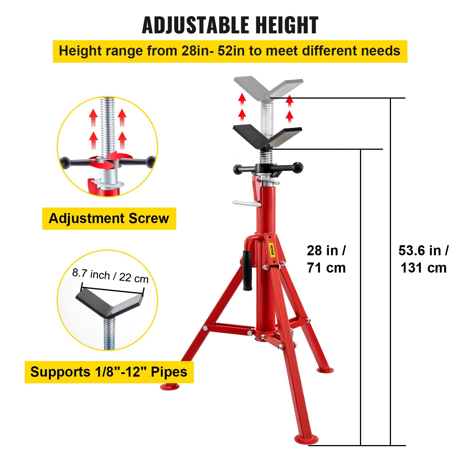 Pipe Jack Stand V-Head Foldable Legs 2500LB Max. Height 52
