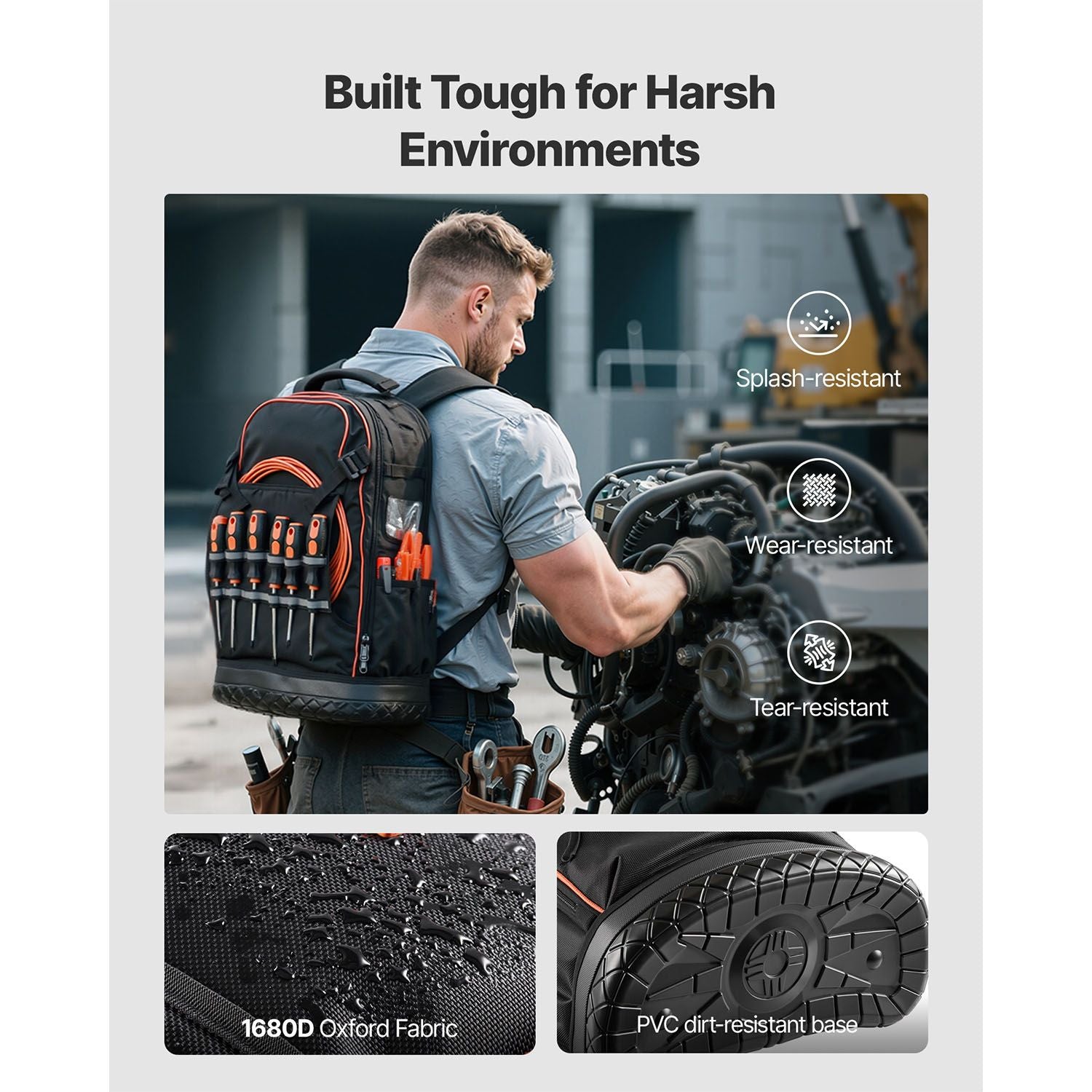 65 Pocket Tool Backpack Heavy Duty Work Bag Laptop Compartment Black