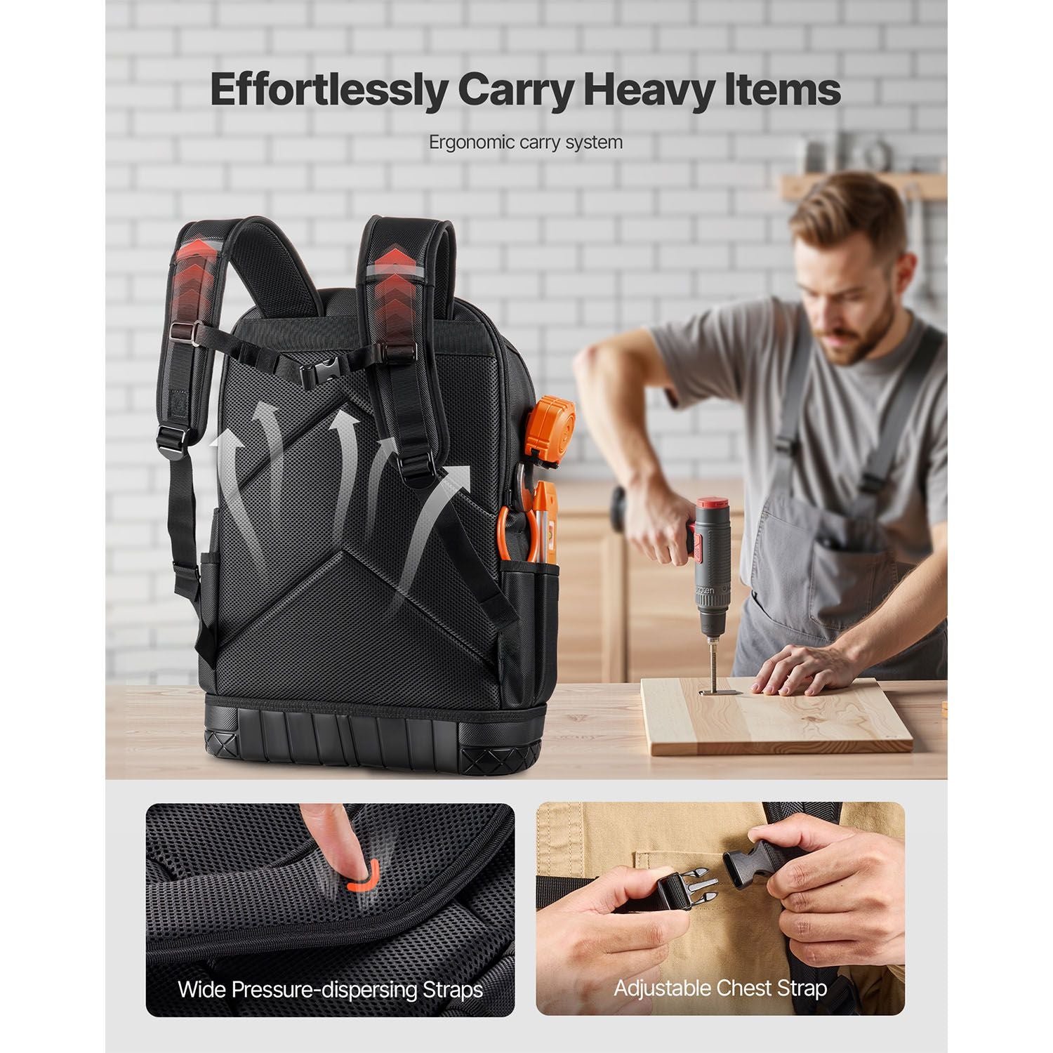 65 Pocket Tool Backpack Heavy Duty Work Bag Laptop Compartment Black