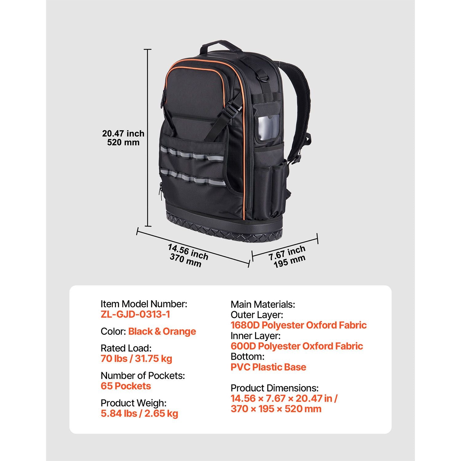 65 Pocket Tool Backpack Heavy Duty Work Bag Laptop Compartment Black