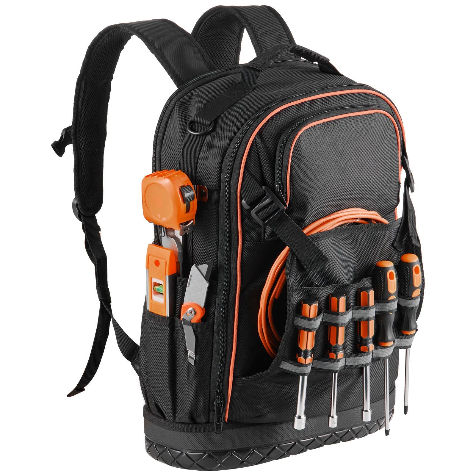 65 Pocket Tool Backpack Heavy Duty Work Bag Laptop Compartment Black