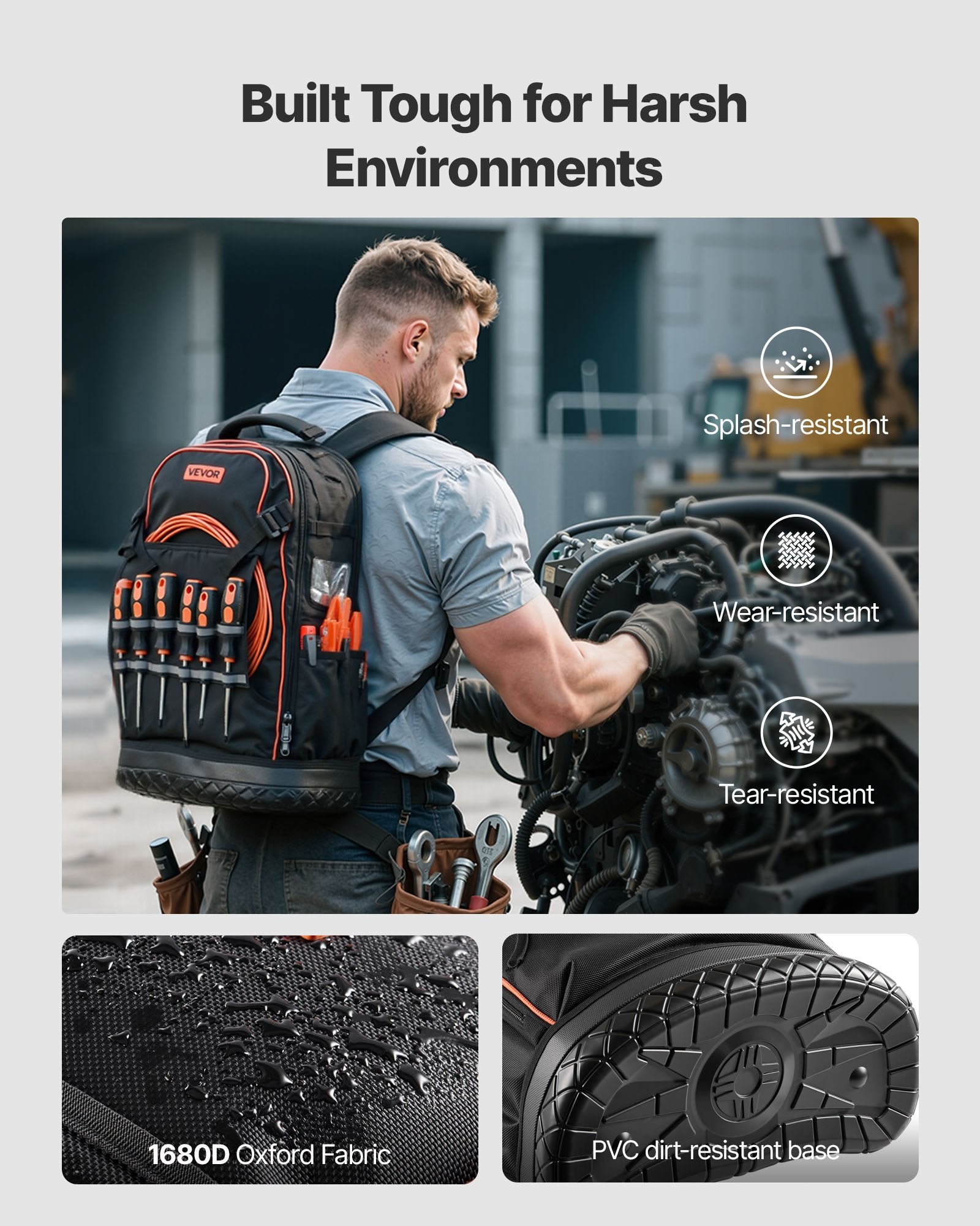 Tool Backpack, 65 Pockets, Heavy-duty Tools Storage Organizer Work Bags with Laptop Compartment & Molded Base, Electrician Jobsite Backpack for Electrician, Repairman, and HVAC Techs