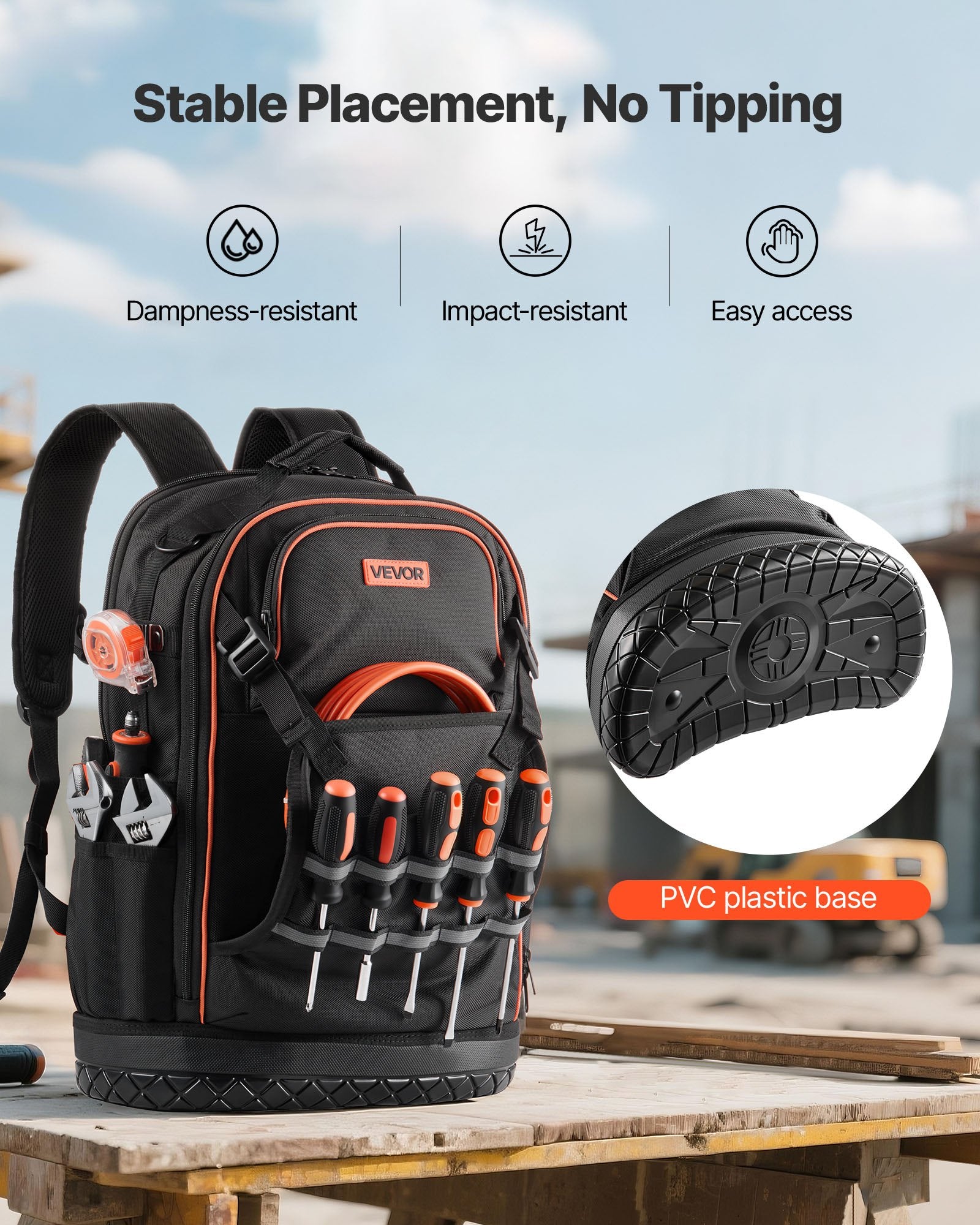 Tool Backpack, 65 Pockets, Heavy-duty Tools Storage Organizer Work Bags with Laptop Compartment & Molded Base, Electrician Jobsite Backpack for Electrician, Repairman, and HVAC Techs