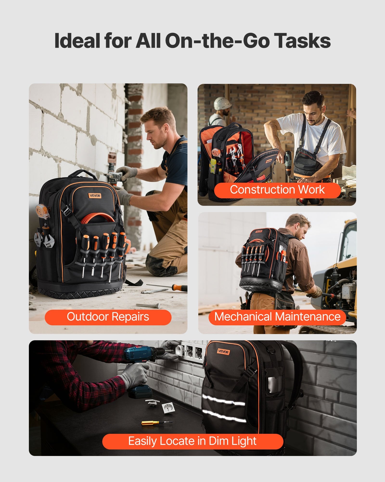 Tool Backpack, 65 Pockets, Heavy-duty Tools Storage Organizer Work Bags with Laptop Compartment & Molded Base, Electrician Jobsite Backpack for Electrician, Repairman, and HVAC Techs