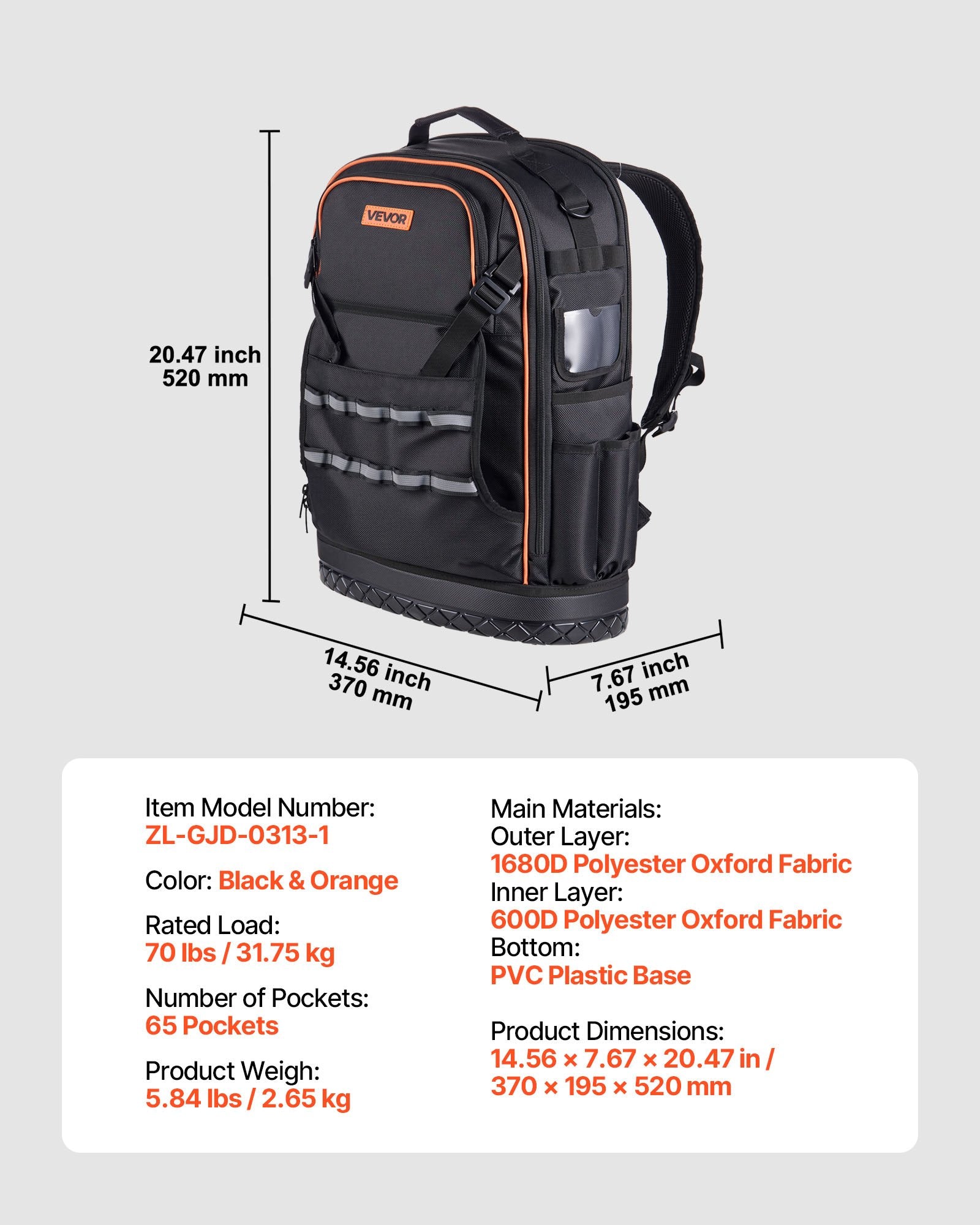 Tool Backpack, 65 Pockets, Heavy-duty Tools Storage Organizer Work Bags with Laptop Compartment & Molded Base, Electrician Jobsite Backpack for Electrician, Repairman, and HVAC Techs