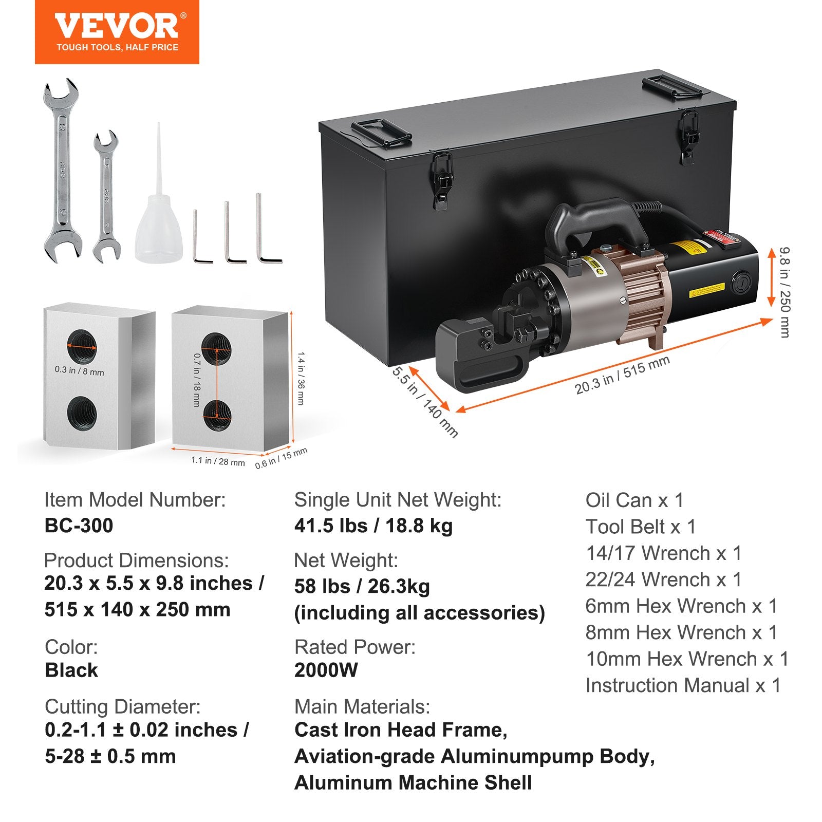 2000W Electric Hydraulic Rebar Cutter Cutting up to 1.1 Inch 5-28mm