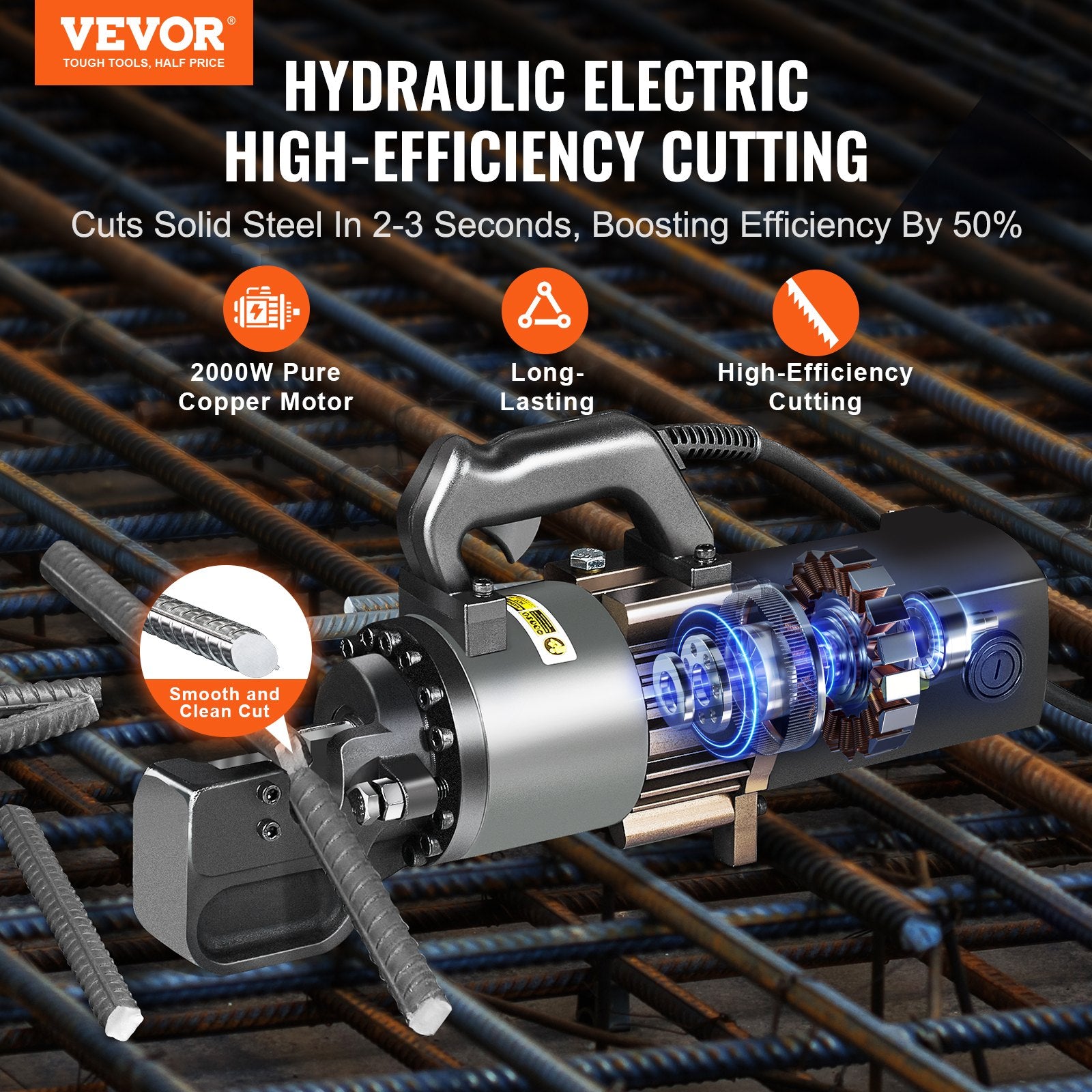 2000W Electric Hydraulic Rebar Cutter Cutting up to 1 Inch #8 4-25mm