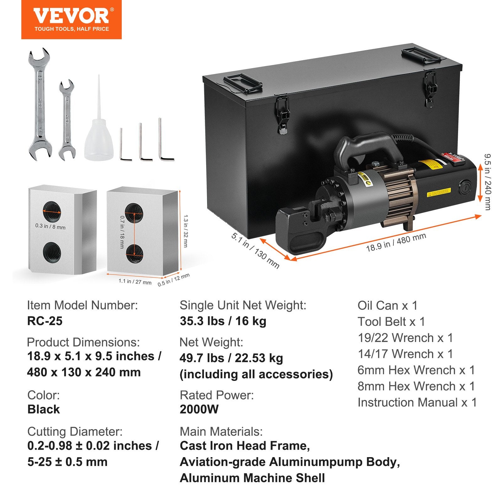 2000W Electric Hydraulic Rebar Cutter Cutting up to 1 Inch #8 4-25mm