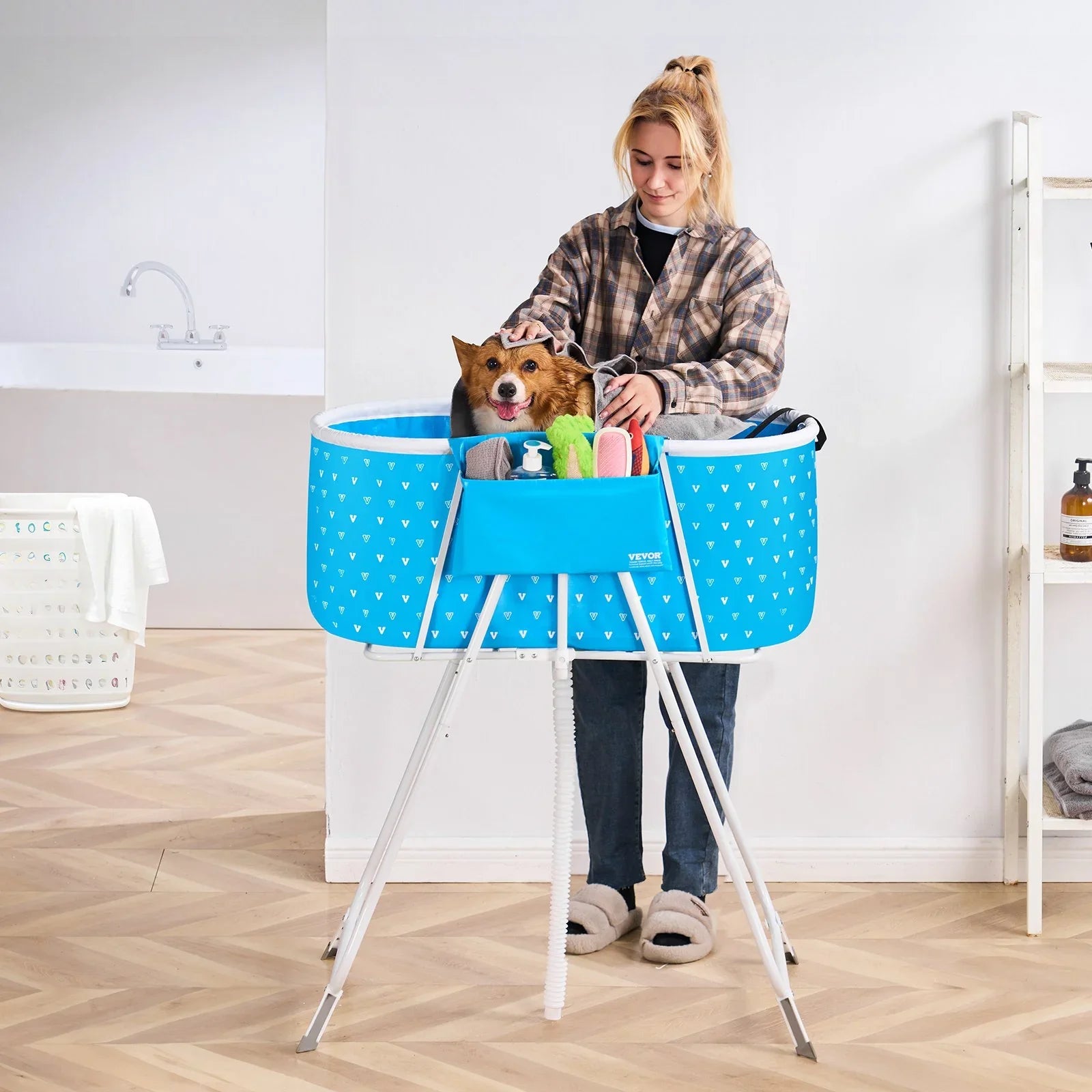 Portable Dog Bathtub, Elevated & Foldable Space-saving Pet Shower Station with Quick Drainage, Bathing Tub for Washing & Grooming Small and Medium Size Dogs and Cats Indoor & Outdoor, Light Blue