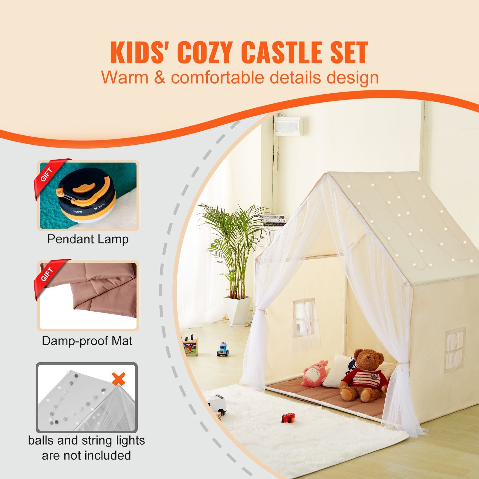 Kids Play Tent, Kids Tent for Kids 1-5 Years Old, Toddler Tent with Mat and Tent Lamp, Tent for Kids with Windows for Indoor and Outdoor, Yurt Tent for Boys and Girls, Beige