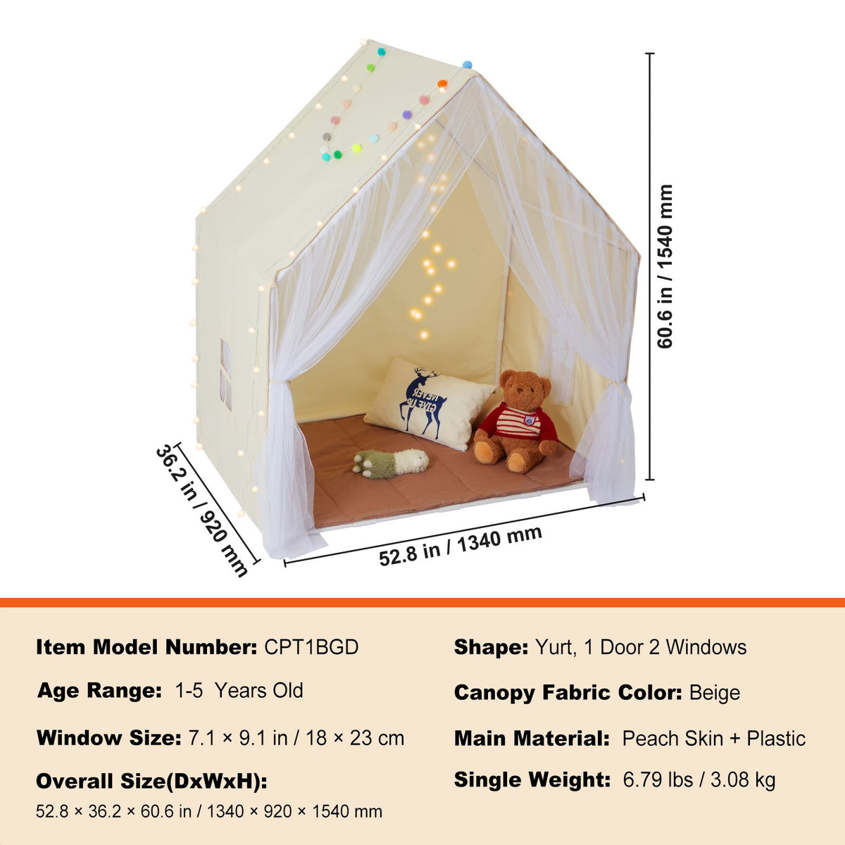 Kids Play Tent, Kids Tent for Kids 1-5 Years Old, Toddler Tent with Mat and Tent Lamp, Tent for Kids with Windows for Indoor and Outdoor, Yurt Tent for Boys and Girls, Beige