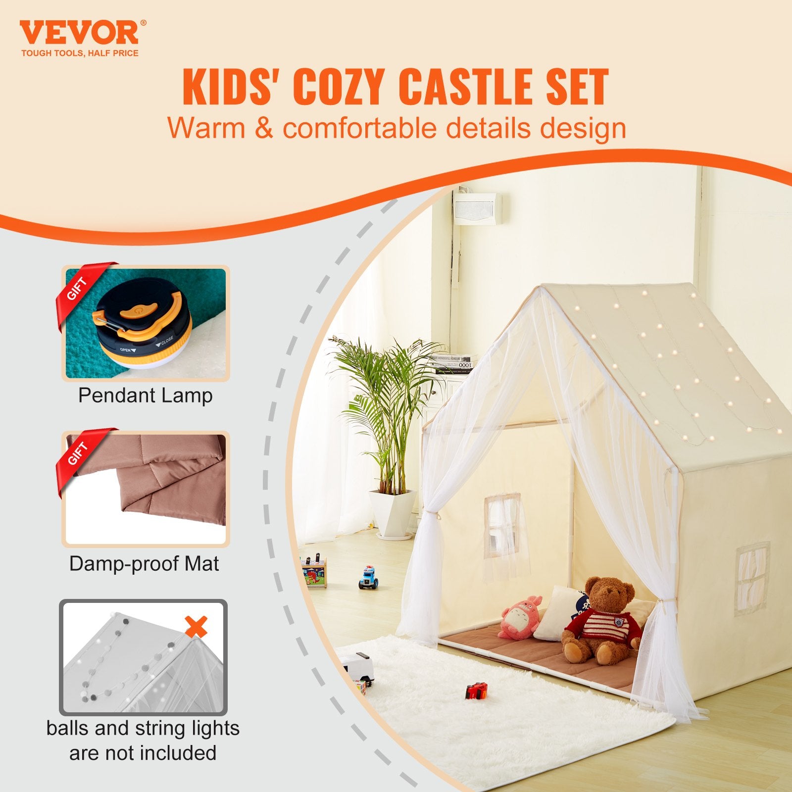 Kids Play Tent, Kids Tent for Kids 1-5 Years Old, Toddler Tent with Mat and Tent Lamp, Tent for Kids with Windows for Indoor and Outdoor, Yurt Tent for Boys and Girls, Beige