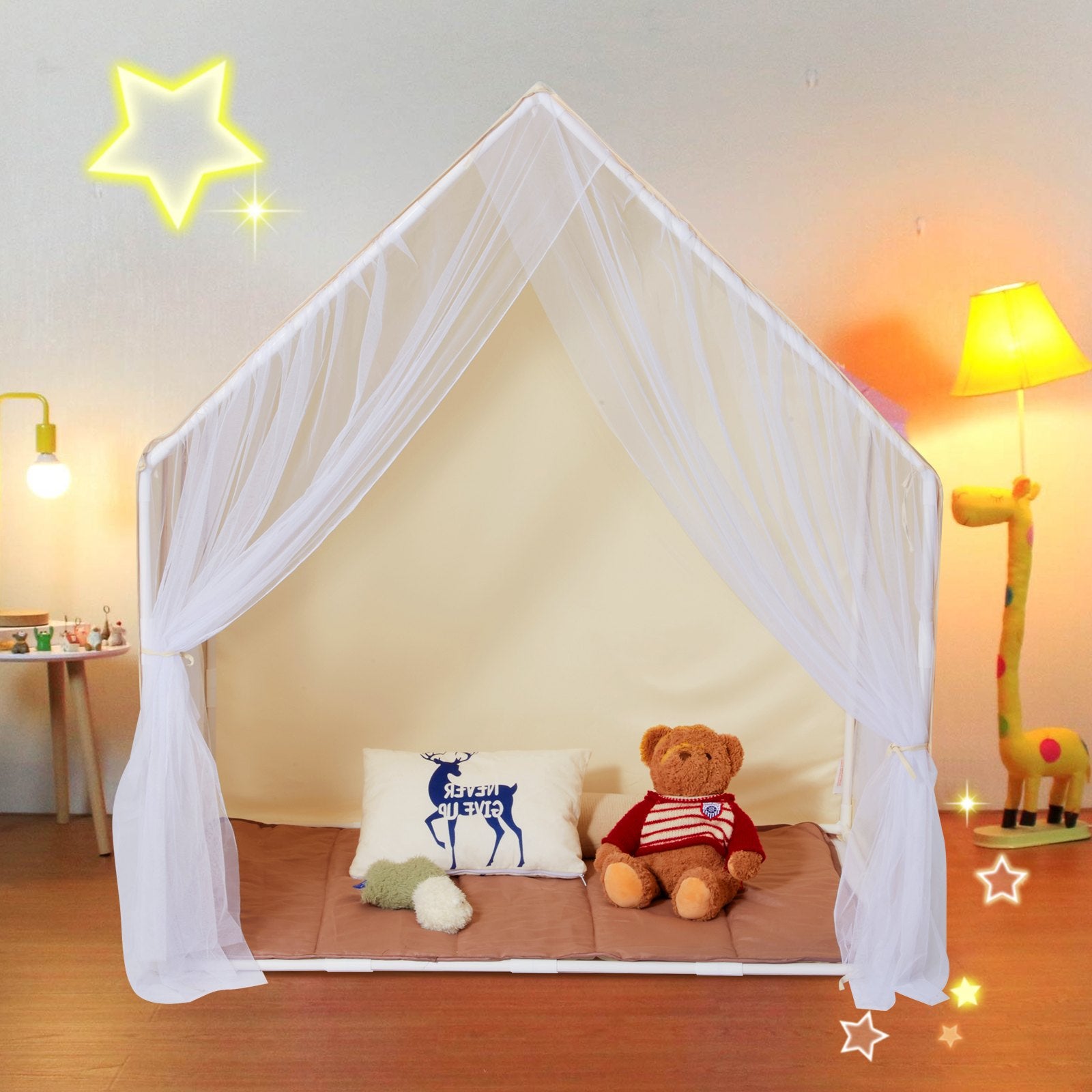 Kids Play Tent, Kids Tent for Kids 1-5 Years Old, Toddler Tent with Mat and Tent Lamp, Tent for Kids with Windows for Indoor and Outdoor, Yurt Tent for Boys and Girls, Beige