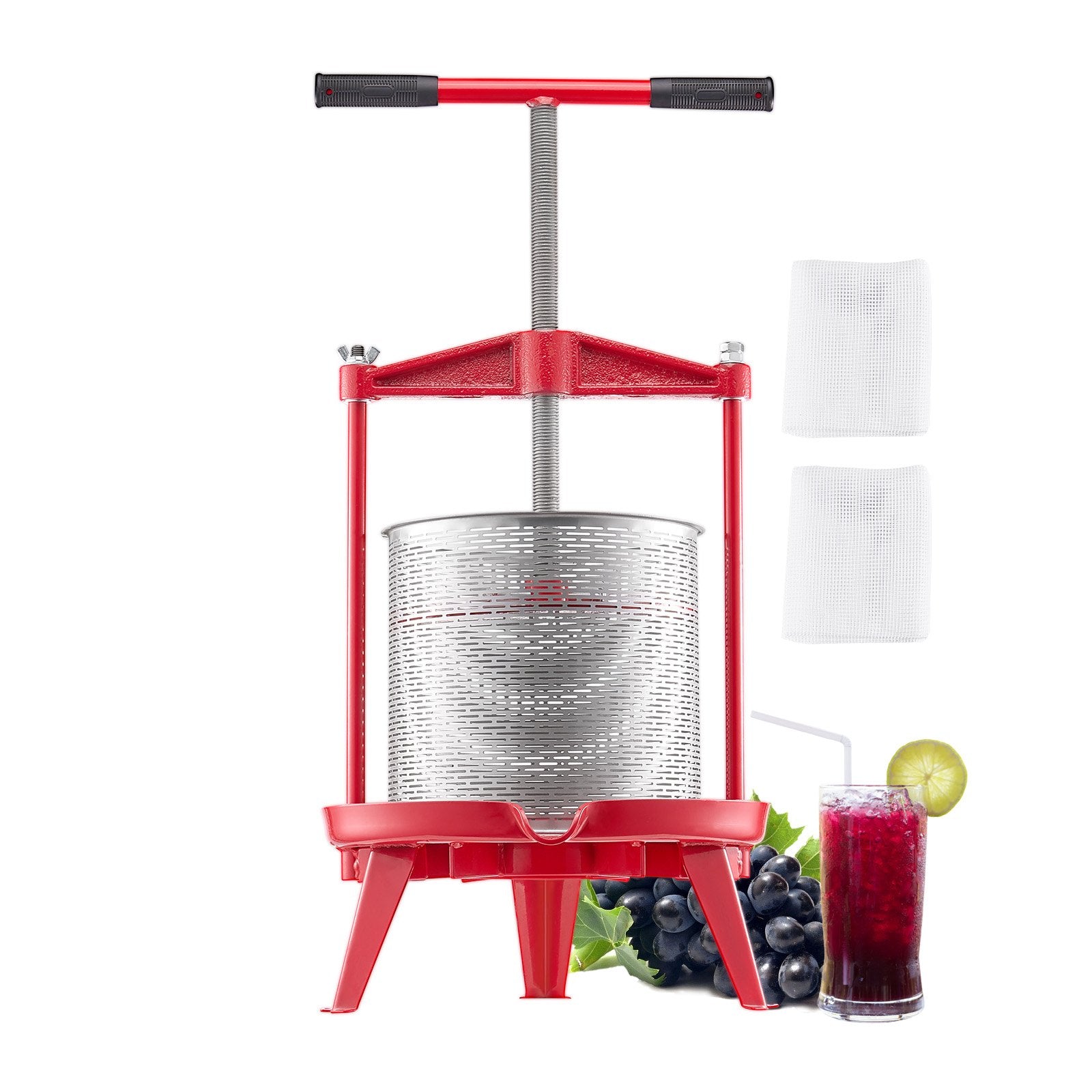 3.69 Gal/14L Fruit Wine Press, Stainless Steel Basket with Cross-beam and Triangular Structure, Manual Juice Maker, Cider Apple Grape Tincture Making Press with T-Handle for Kitchen Home