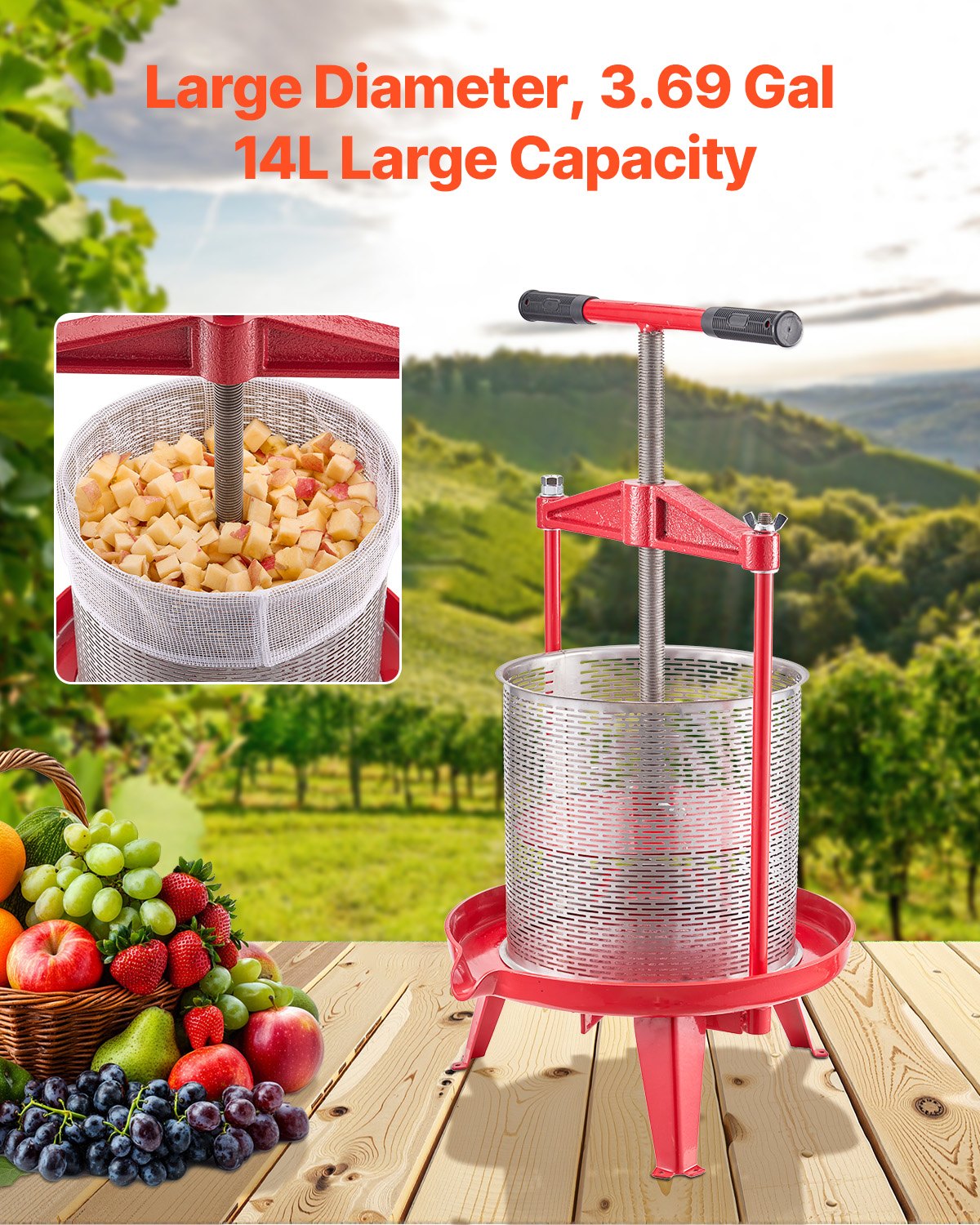3.69 Gal/14L Fruit Wine Press, Stainless Steel Basket with Cross-beam and Triangular Structure, Manual Juice Maker, Cider Apple Grape Tincture Making Press with T-Handle for Kitchen Home