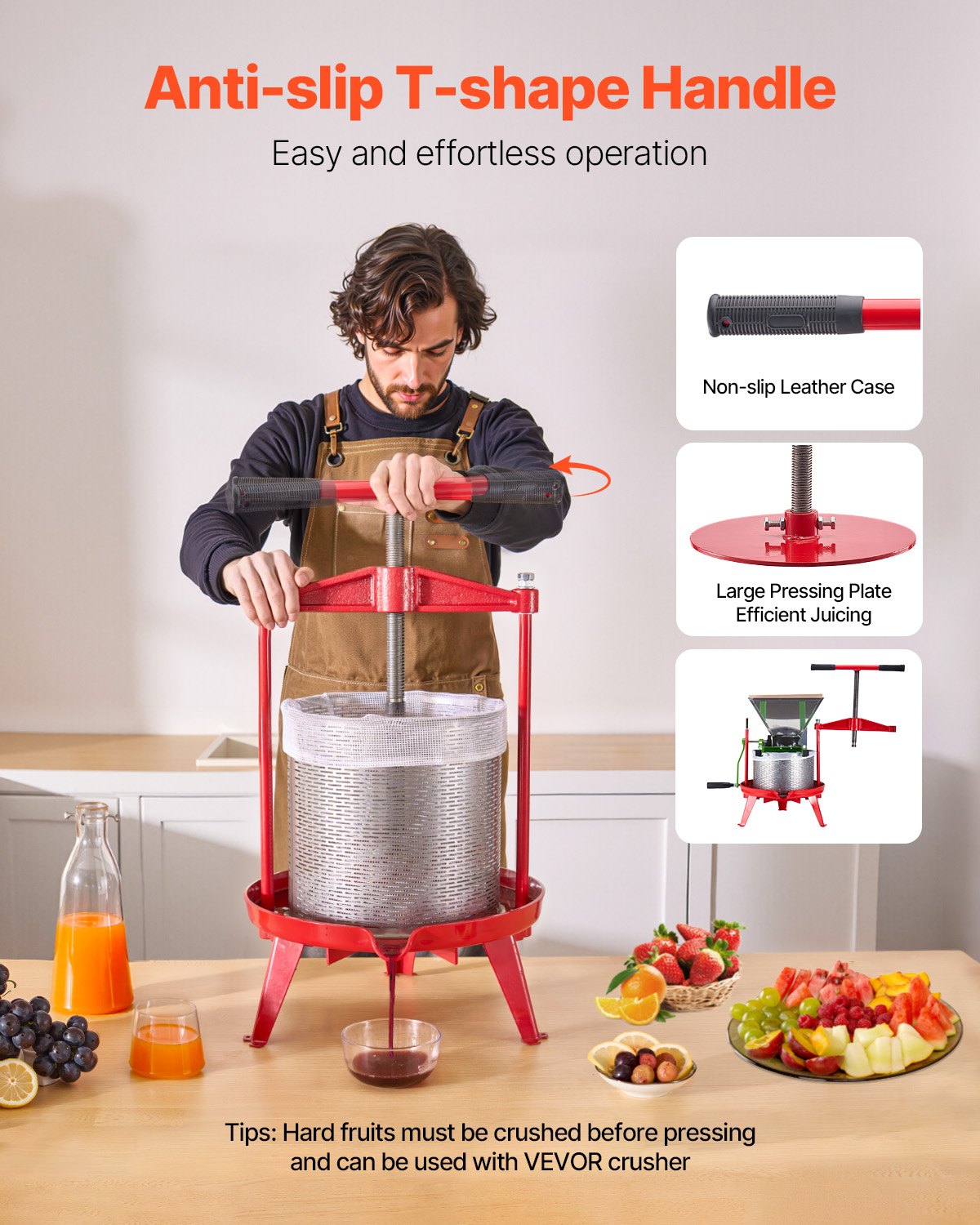3.69 Gal/14L Fruit Wine Press, Stainless Steel Basket with Cross-beam and Triangular Structure, Manual Juice Maker, Cider Apple Grape Tincture Making Press with T-Handle for Kitchen Home
