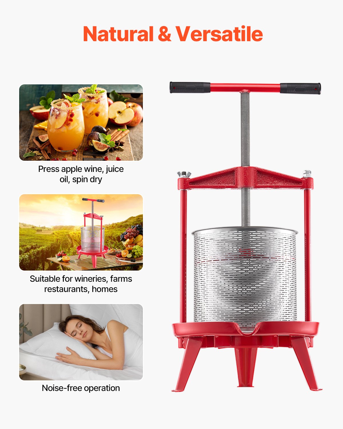 3.69 Gal/14L Fruit Wine Press, Stainless Steel Basket with Cross-beam and Triangular Structure, Manual Juice Maker, Cider Apple Grape Tincture Making Press with T-Handle for Kitchen Home