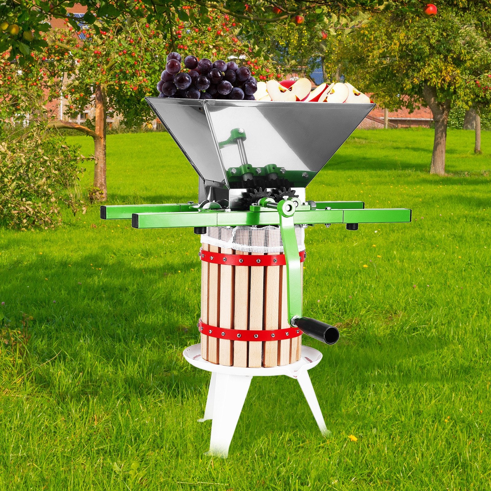 1.8 Gal/7L Fruit and Apple Crusher, Large Manual Grinder, Stainless Steel Fruit Scratter Pulper for Wine Cider Apple Grape Pressing, with Roller Handle for Kitchen Home, Green