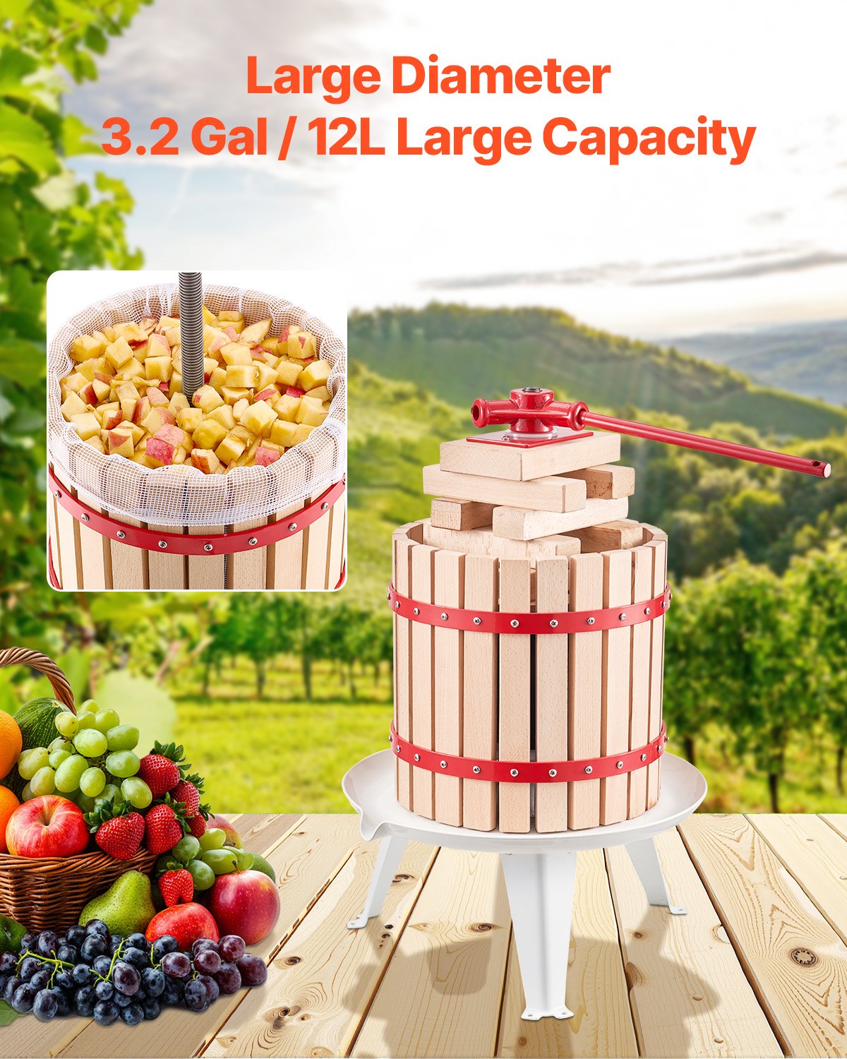 Fruit Wine Press Manual Press for Wine Making 3.2 Gal/12L Wood Basket