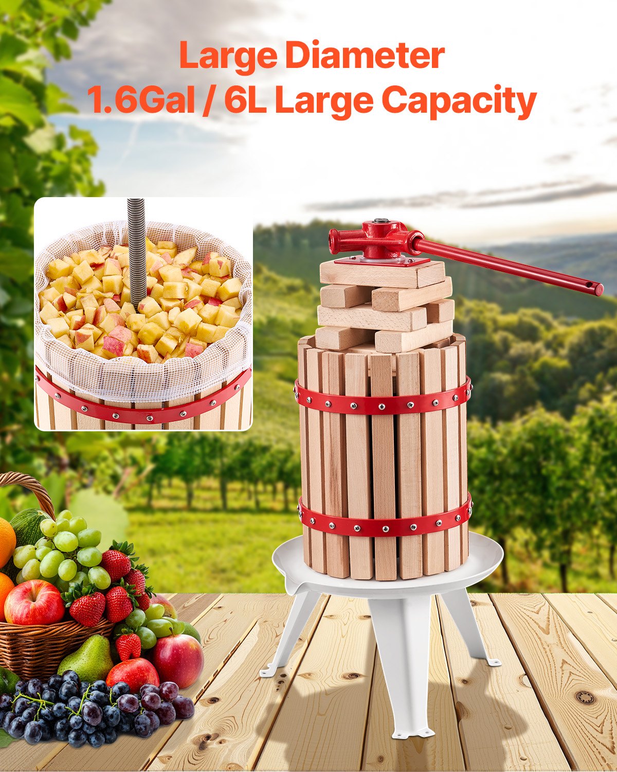1.6 Gal/6L Fruit Wine Press, Solid Wood Basket with 8 Blocks, Heavy Duty Manual Juice Maker, Cider Apple Grape Tincture Honey Olive Oil Making Press with Handle for Kitchen, Home