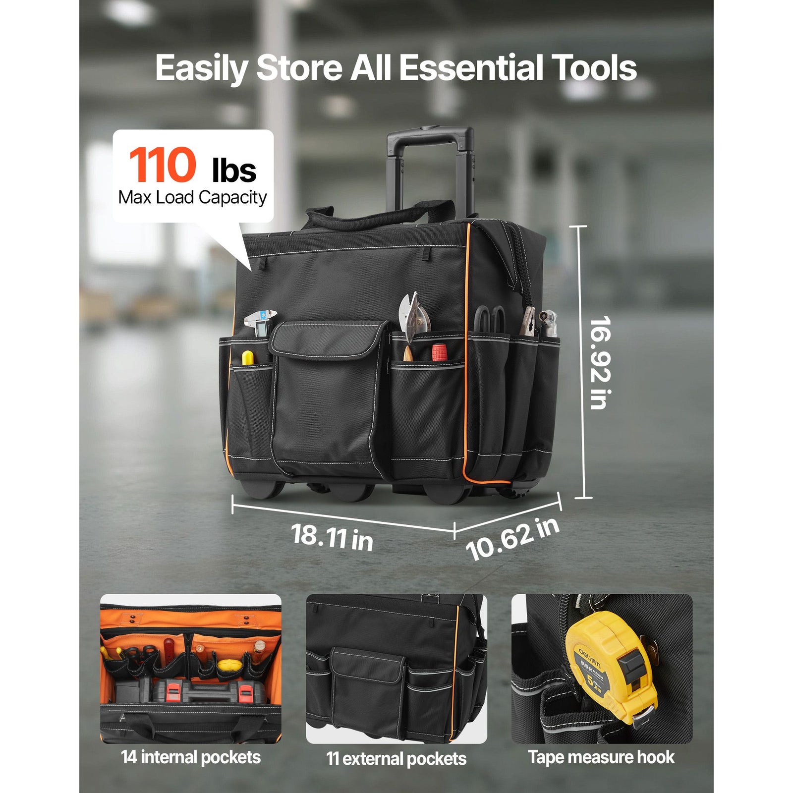 Rolling Tool Bag with Wheels 25 Pockets 110lbs Heavy Duty Organizer