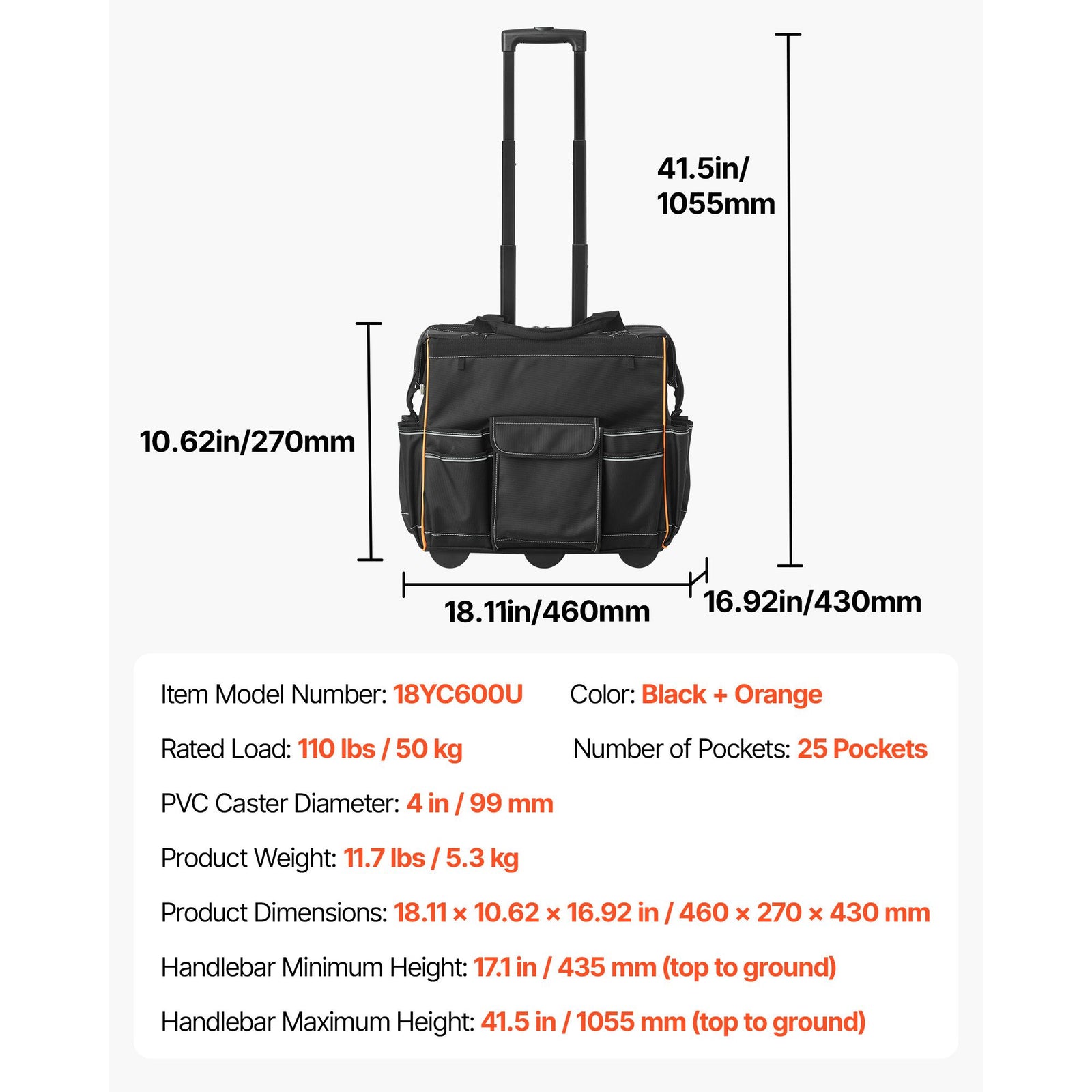 Rolling Tool Bag with Wheels 25 Pockets 110lbs Heavy Duty Organizer