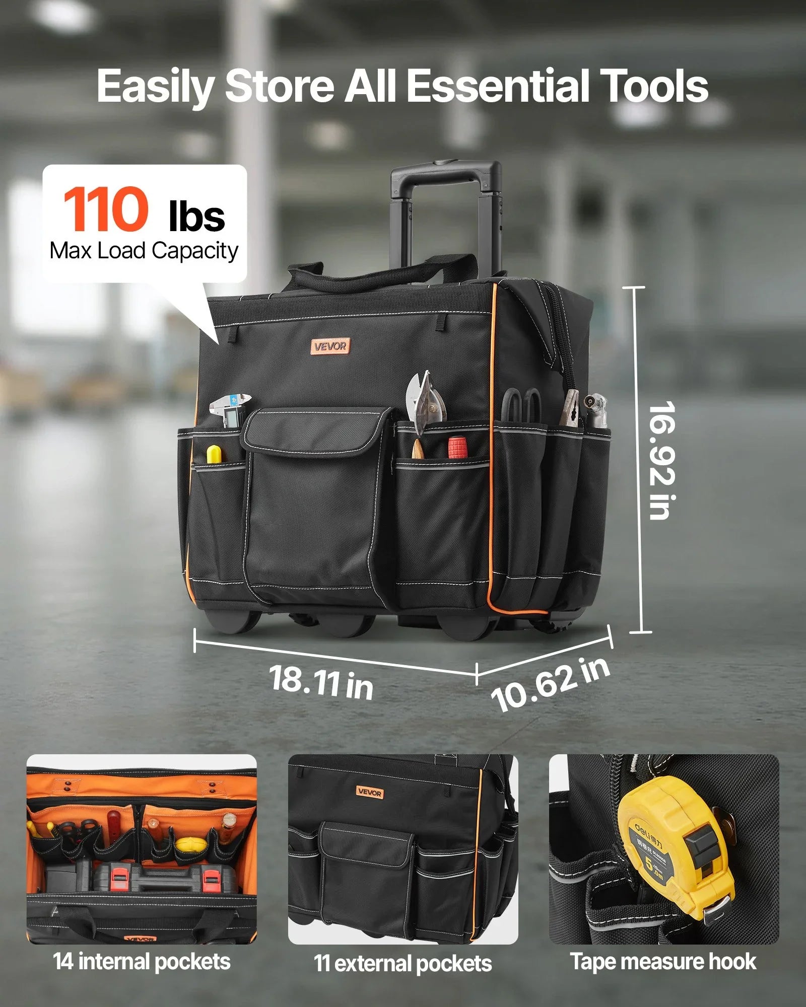 Rolling Tool Bag, 110 lbs Load Capacity, 25 Pockets Heavy Duty Roller Tool Bag with Adjustable Telescoping Handle & Stable Base, Toolbag Organizers with Wheels for Electrician, Construction