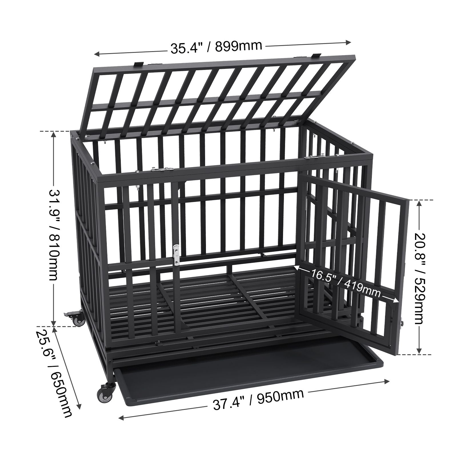 Heavy Duty Dog Crate 38 in Metal Dog Kennel with Wheels and Removable Tray
