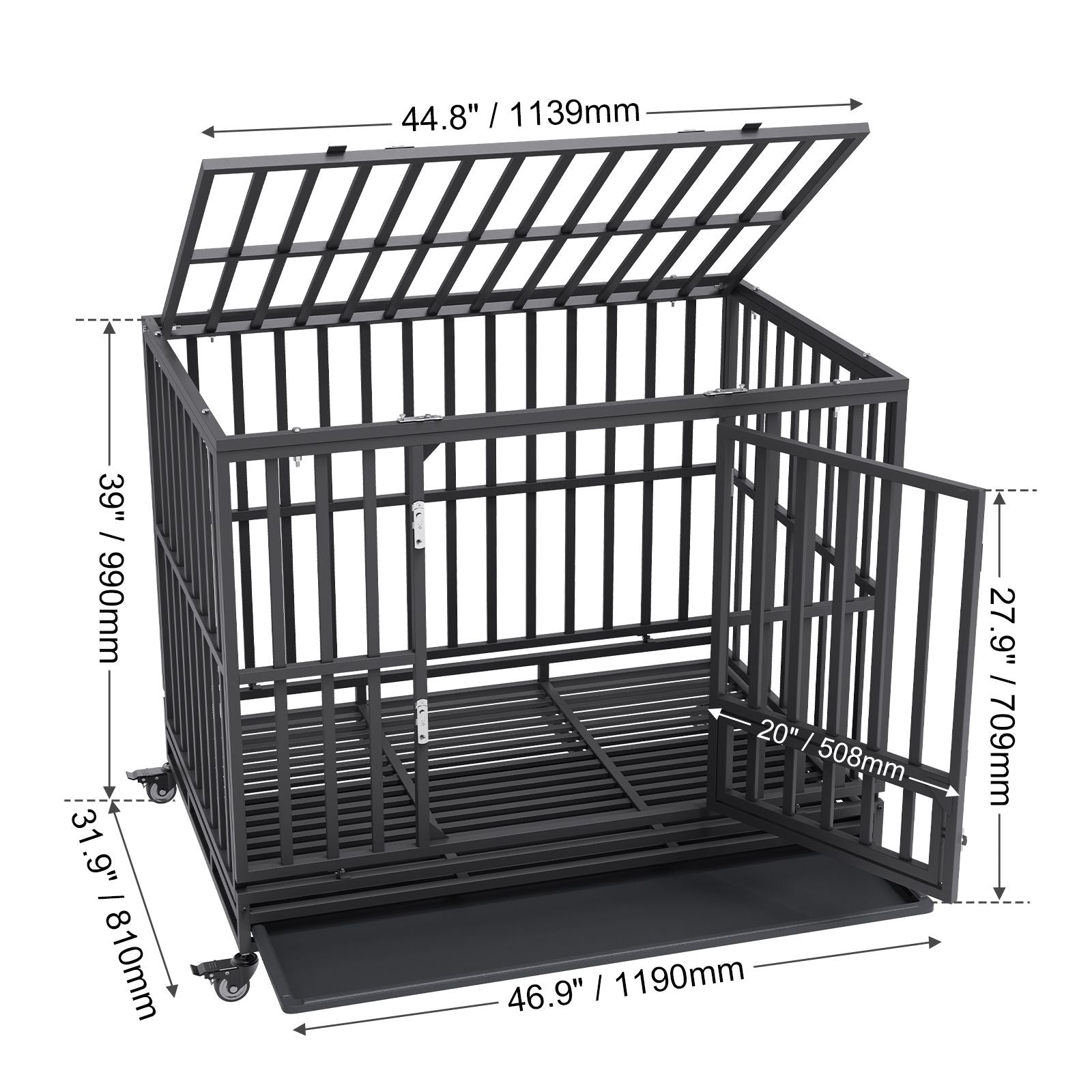 47 Inch Heavy Duty Dog Crate, Indestructible Dog Crate, 3-Door Heavy Duty Dog Kennel for Medium to Large Dogs with Lockable Wheels and Removable Tray, High Anxiety Dog Crate for Indoor & Outdoor