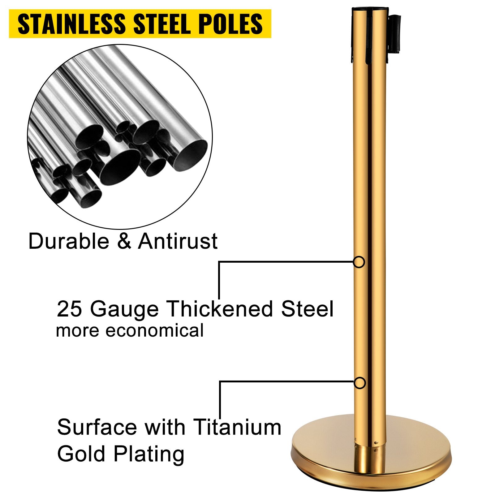 Stanchion Post Barriers 6-Set Line Dividers, Stainless Steel Stanchions with 6.6 Red Retractable Belts, Stanchions with One Sign Frame, 34.6 Queue Safety Stanchions (Gold)