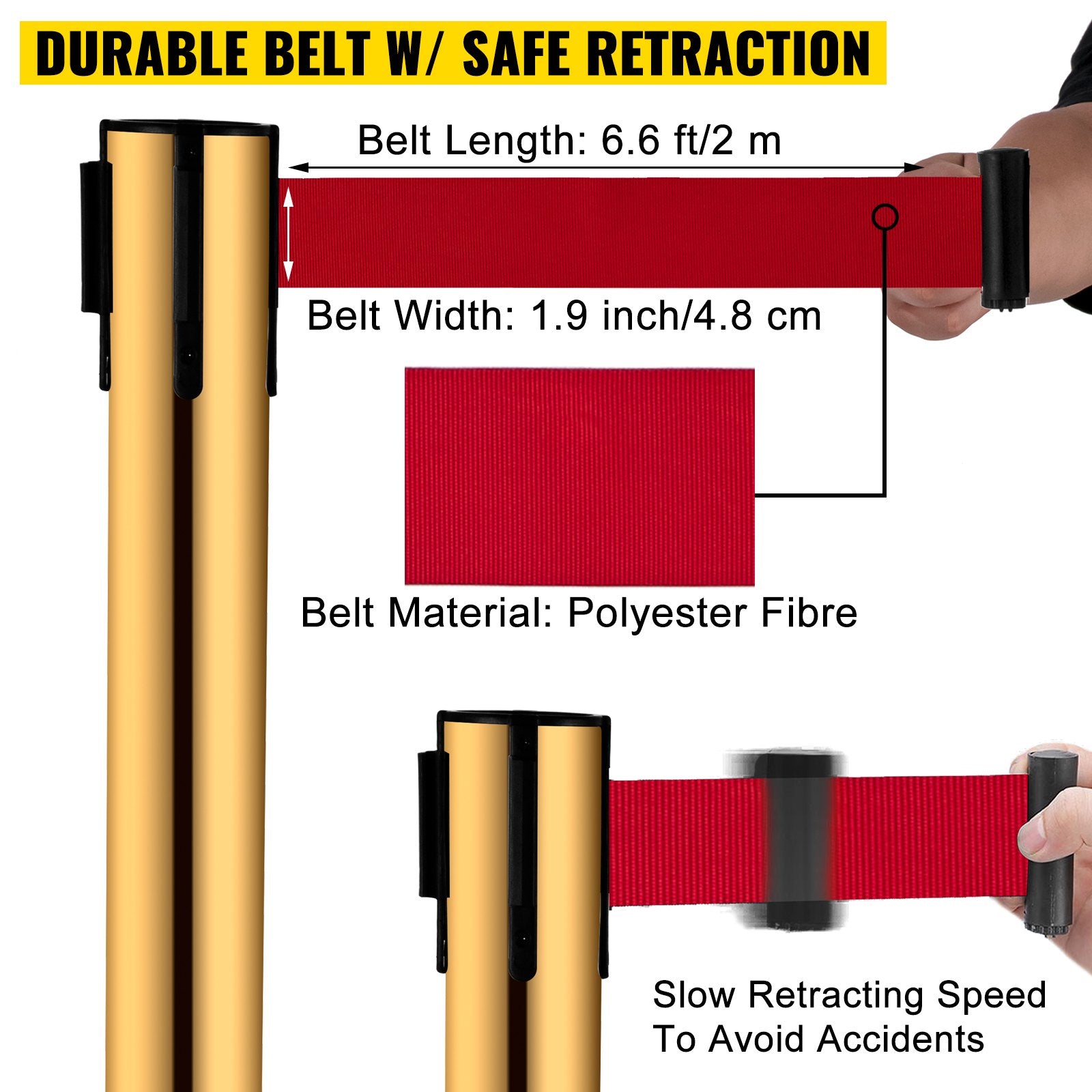 Stanchion Post Barriers 6-Set Line Dividers, Stainless Steel Stanchions with 6.6 Red Retractable Belts, Stanchions with One Sign Frame, 34.6 Queue Safety Stanchions (Gold)