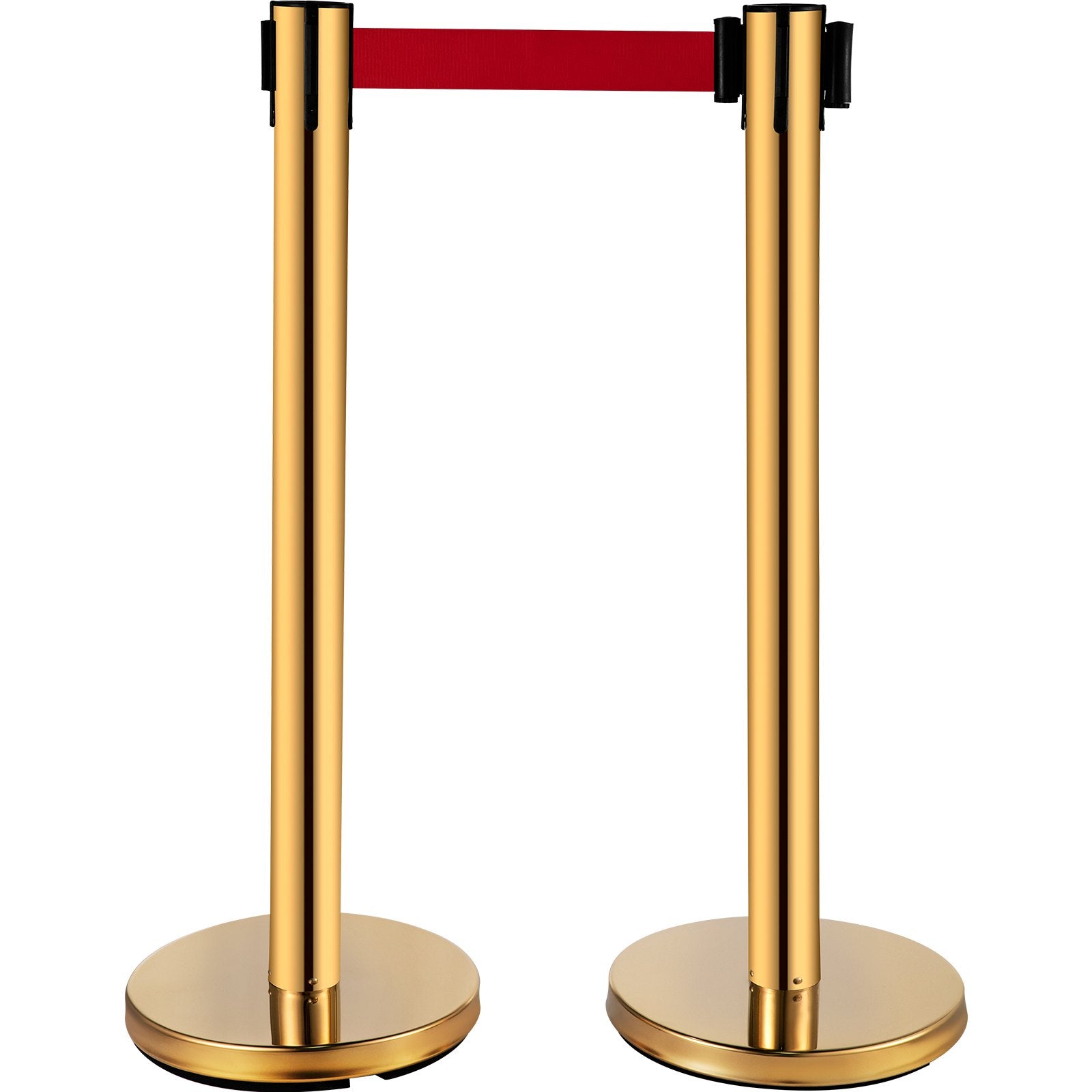 Stanchion Post Barriers 6-Set Line Dividers, Stainless Steel Stanchions with 6.6 Red Retractable Belts, Stanchions with One Sign Frame, 34.6 Queue Safety Stanchions (Gold)