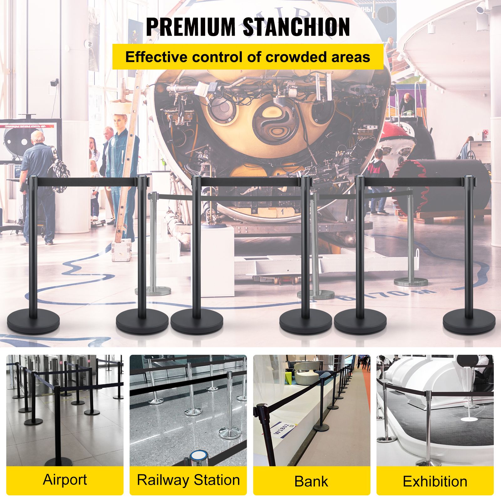 Crowd Control Stanchion, Set of 6 Pieces Stanchion Set, Stanchion Set with 6.6 ft/2 m Black Retractable Belt, Black Crowd Control Barrier with Concrete and Metal Base – Easy Connect Assembly